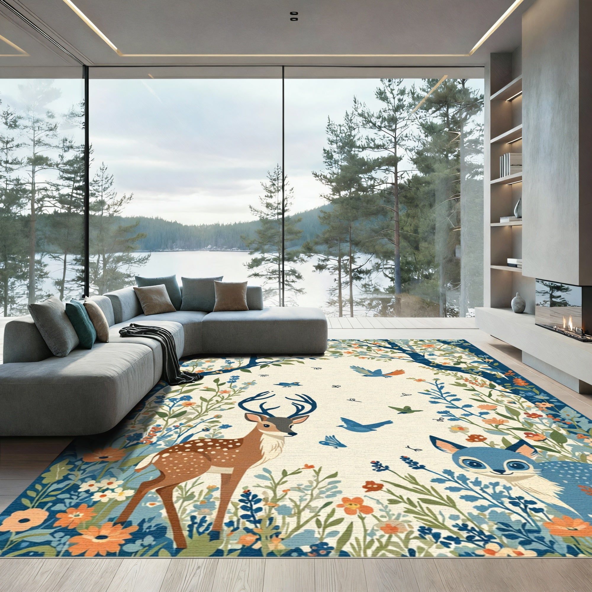 Whimsical Woodland Creatures Floral Painting Rug