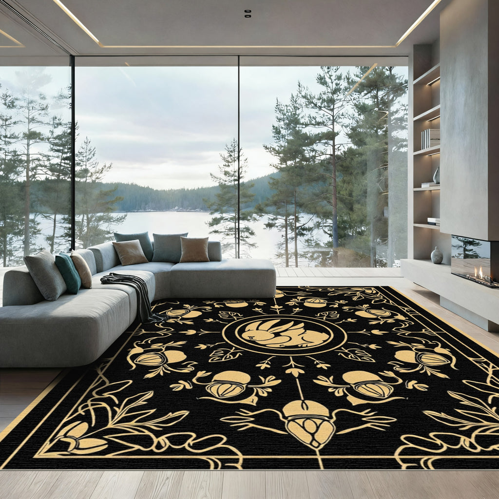 Golden Rabbit Floral Art Deco Rug