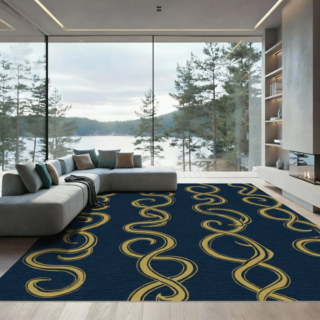 Gold Swirl Vine Navy Blue Rug