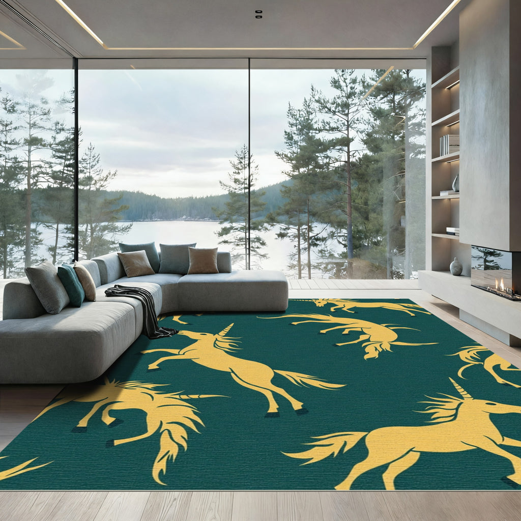 Golden Unicorns Teal All-Over Rug