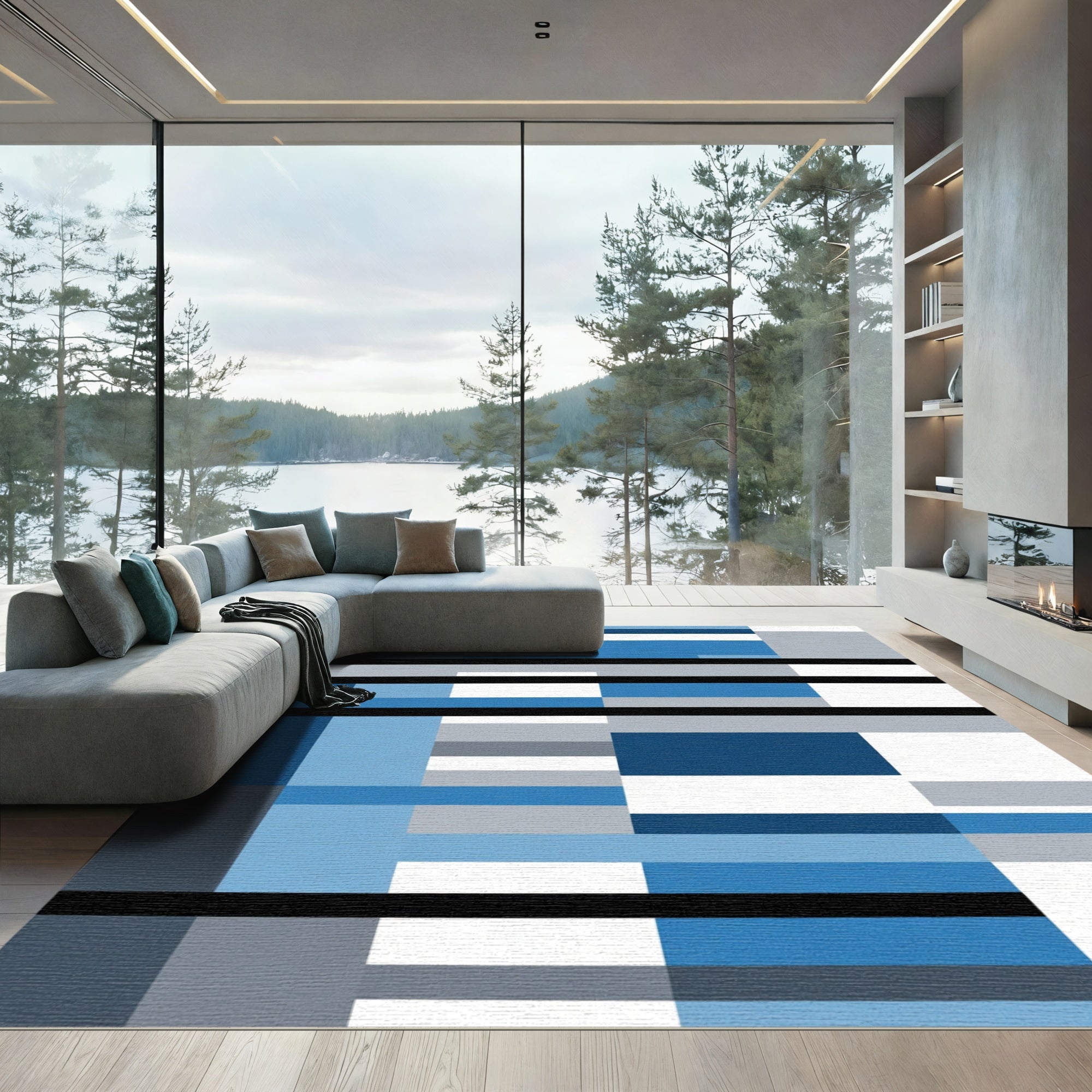 Blue Gray Abstract Stripe Rug