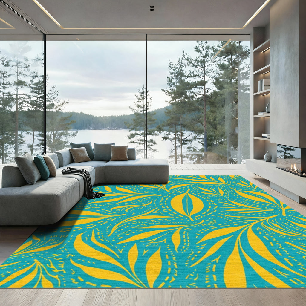 Turquoise Yellow Abstract Leaf Branches Rug