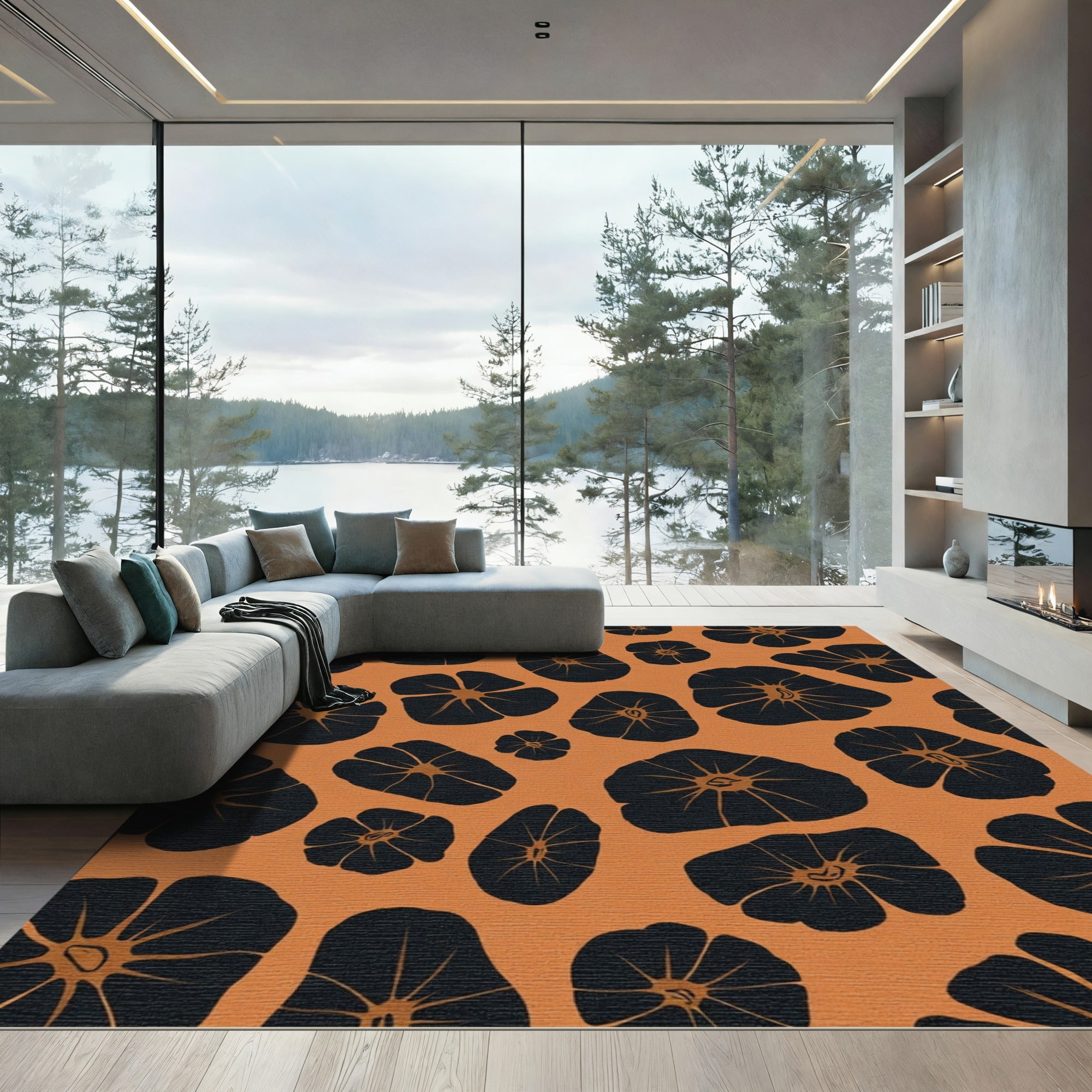 Bold Orange Black Floral Silhouette Rug
