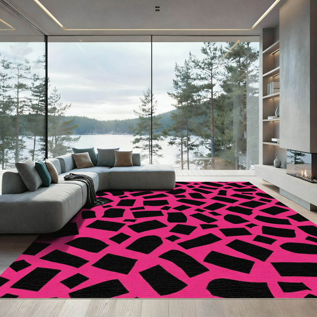 Hot Pink Black Jagged Rectangles Rug