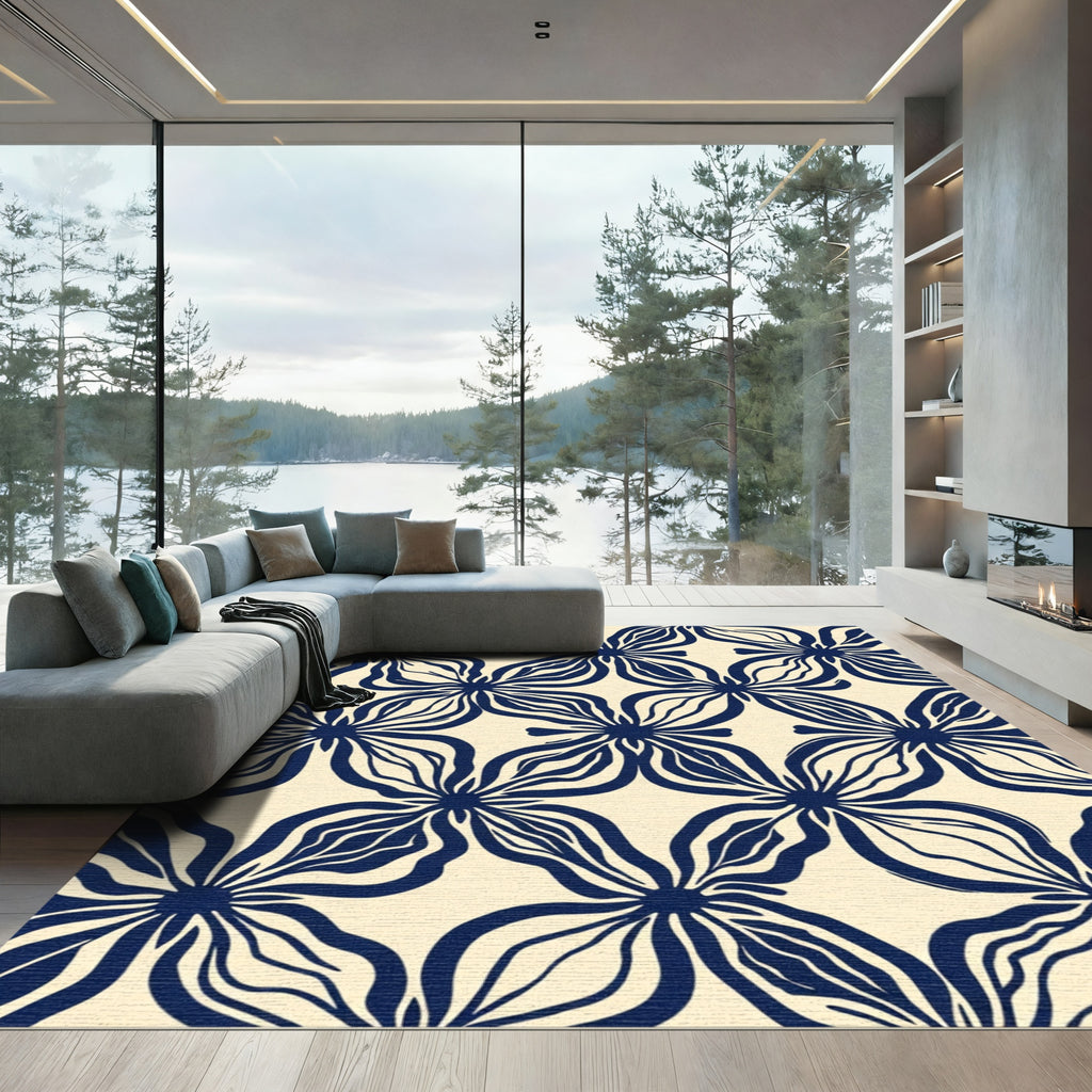Navy Cream Abstract Blossom Arrangement Rug