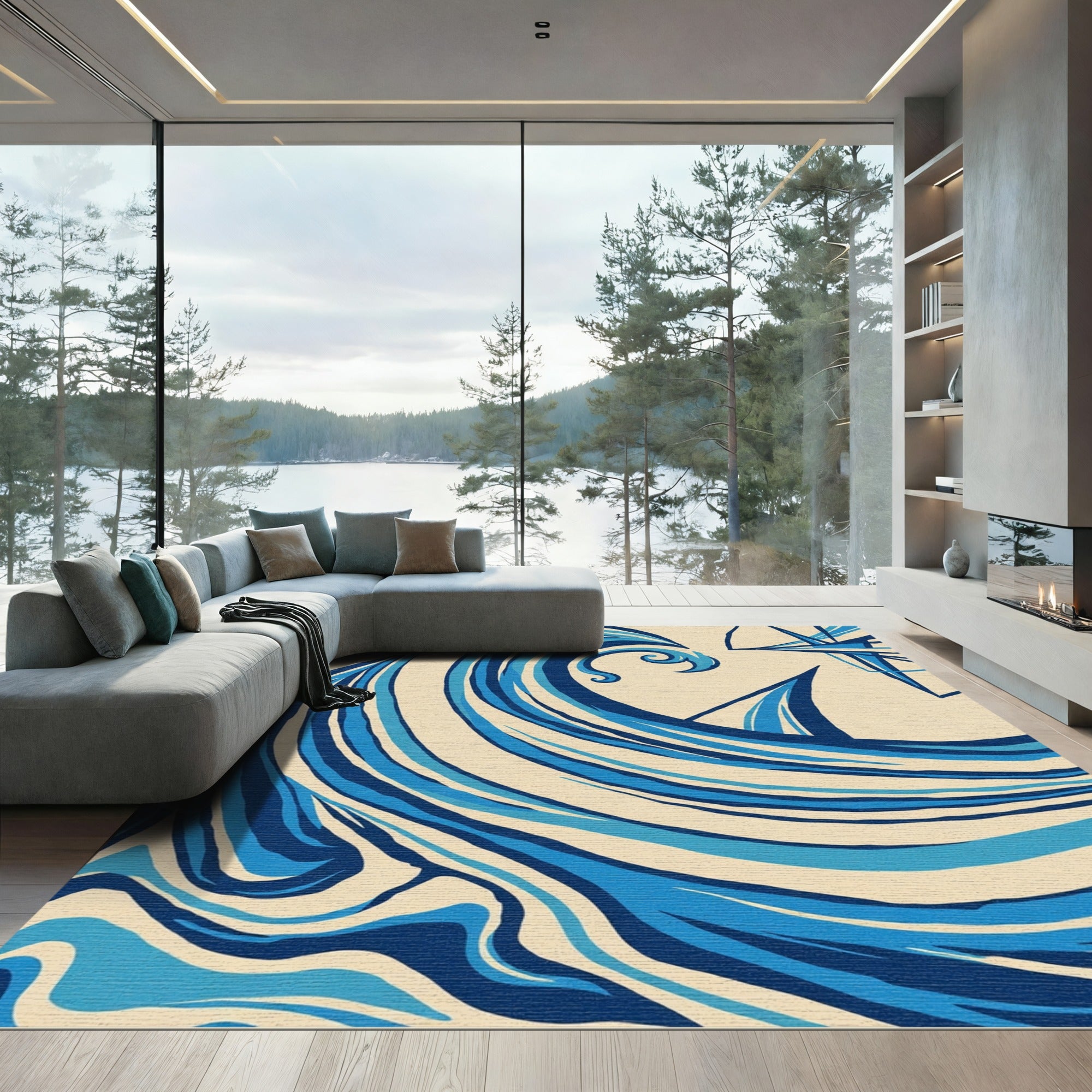 Modern Blue Wave Abstract Lines Rug