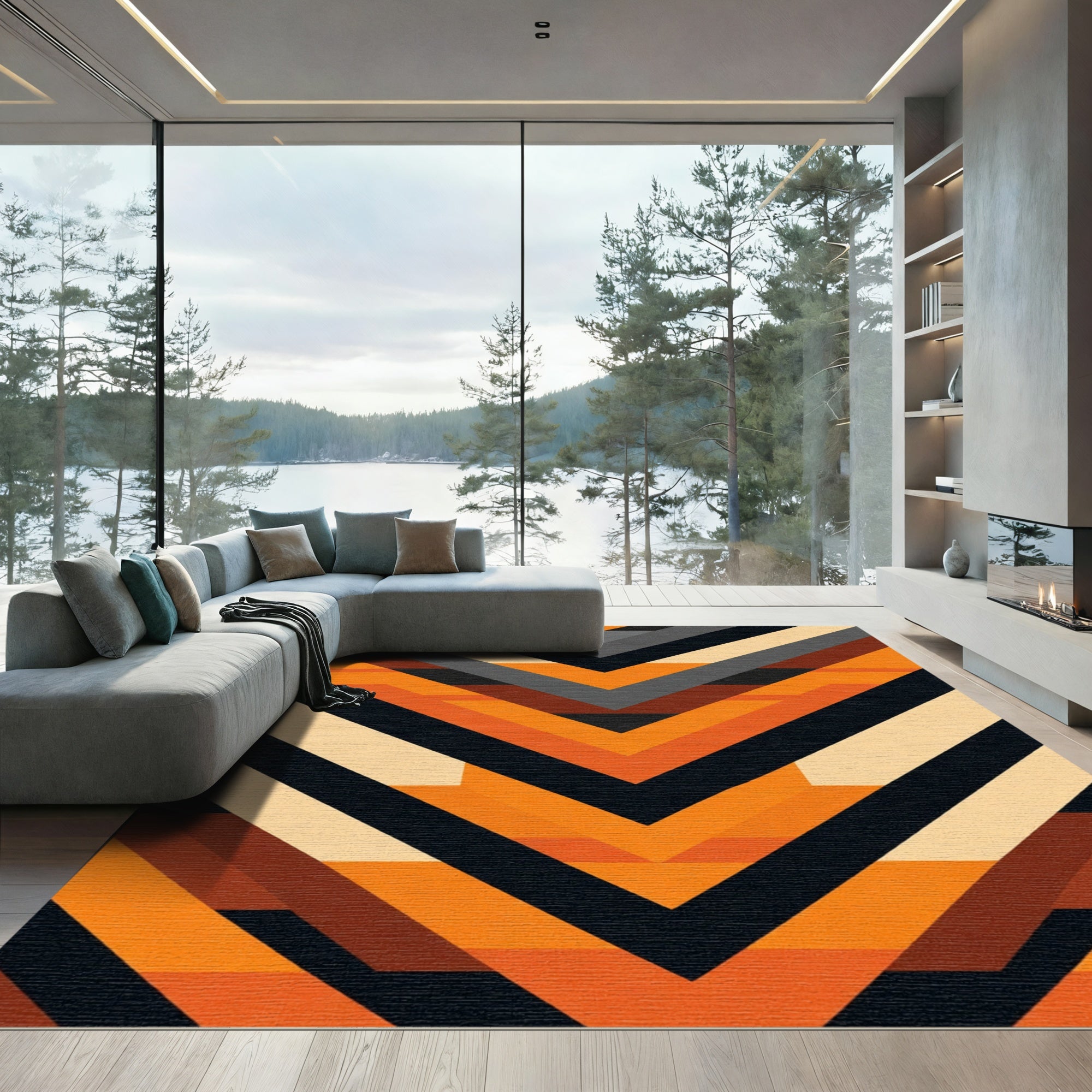 Chevron Orange Geometric Stripes Rug