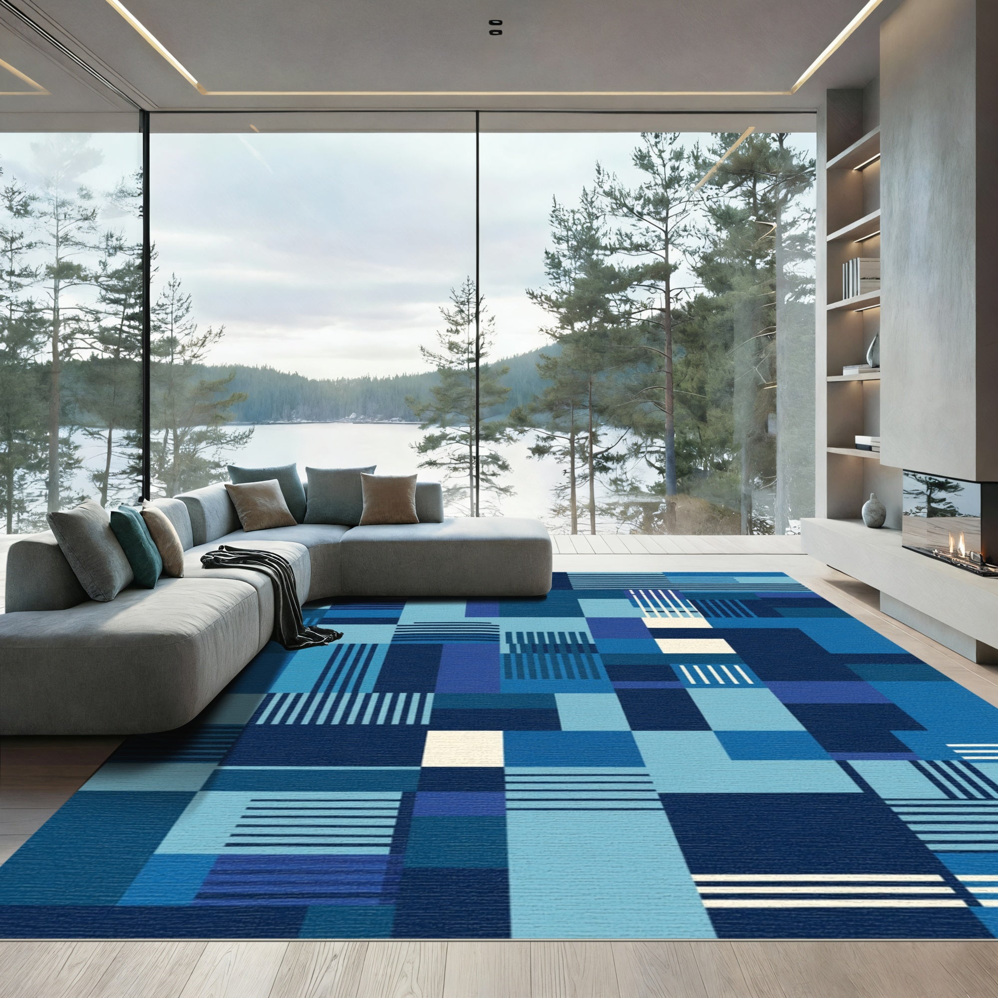 Deep Blue Geometric Block Stripe Rug