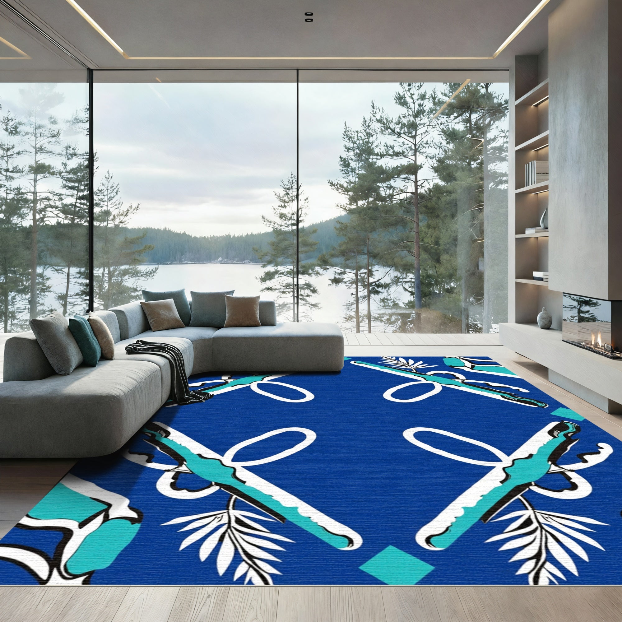 Royal Blue Abstract Diamond Foliage Rug