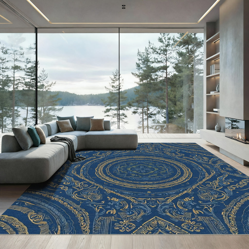 Deep Blue Golden Mandala Rug