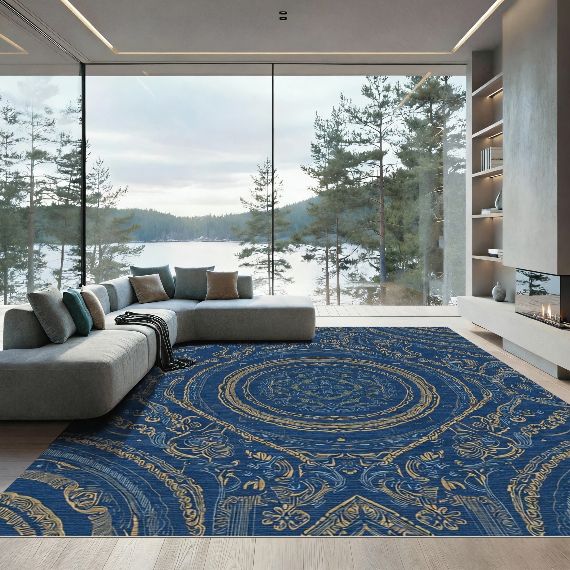 Deep Blue Golden Mandala Rug
