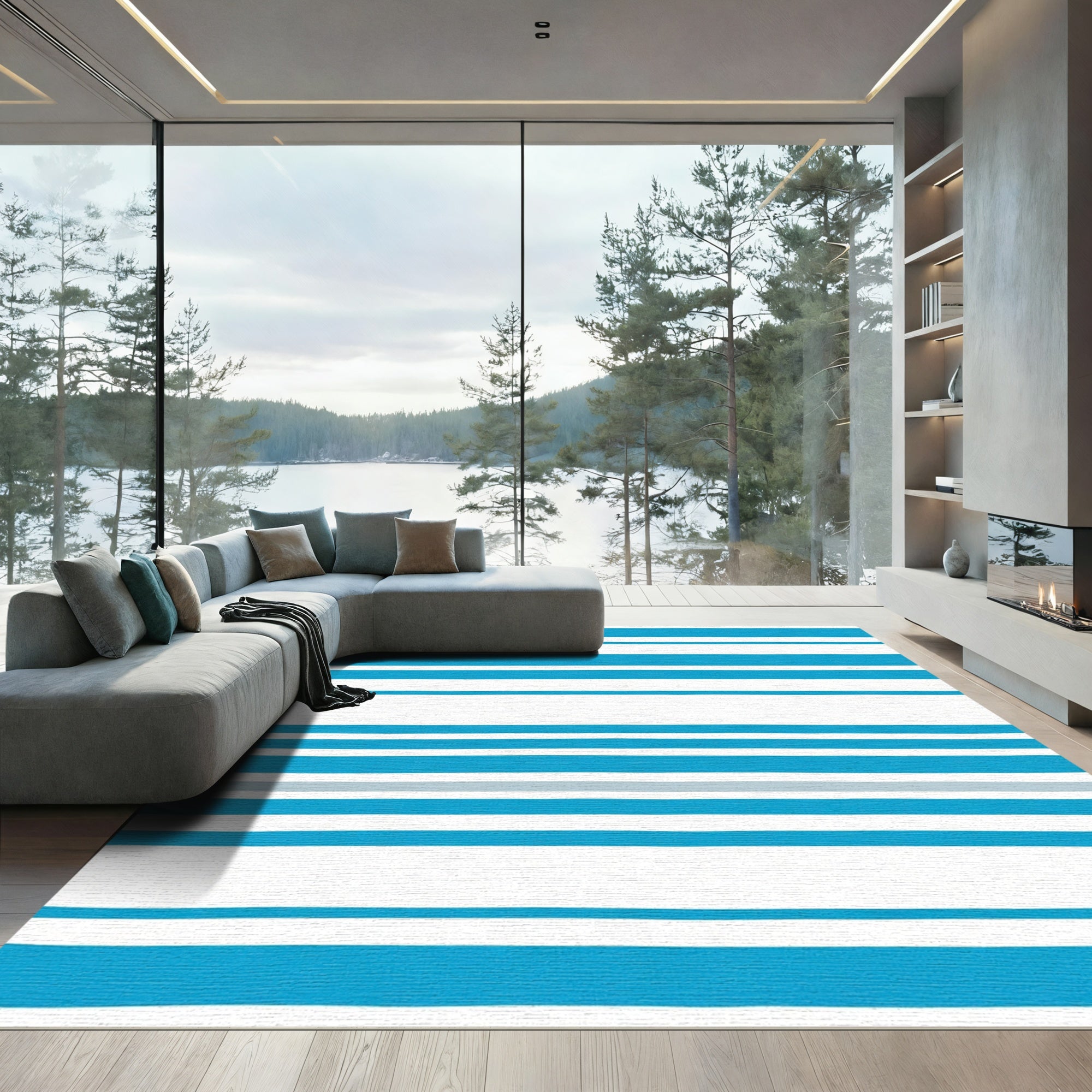 Aqua Blue White Stripe Rug
