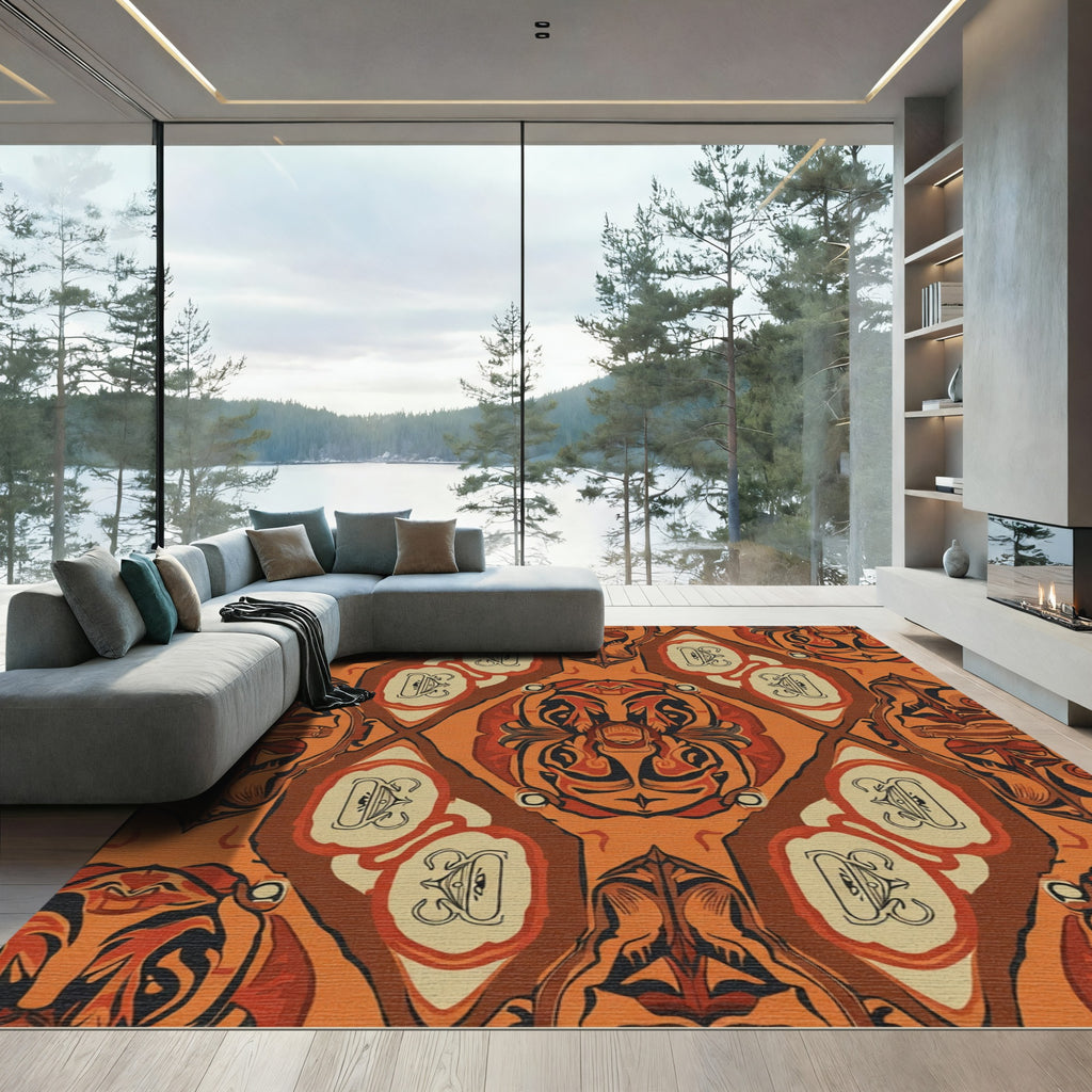 Orange Tribal Face Medallion Rug