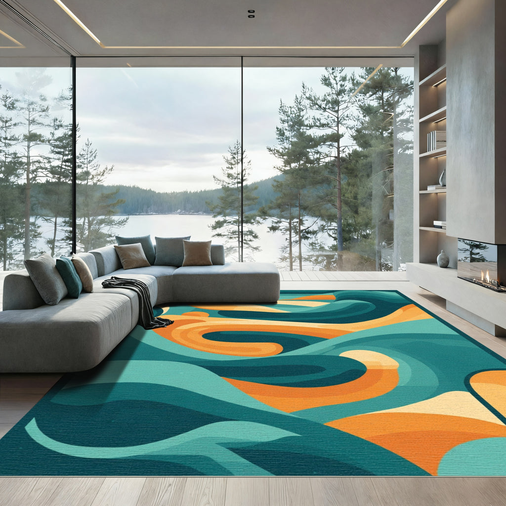 Cool Tones Orange Wave Abstract Rug