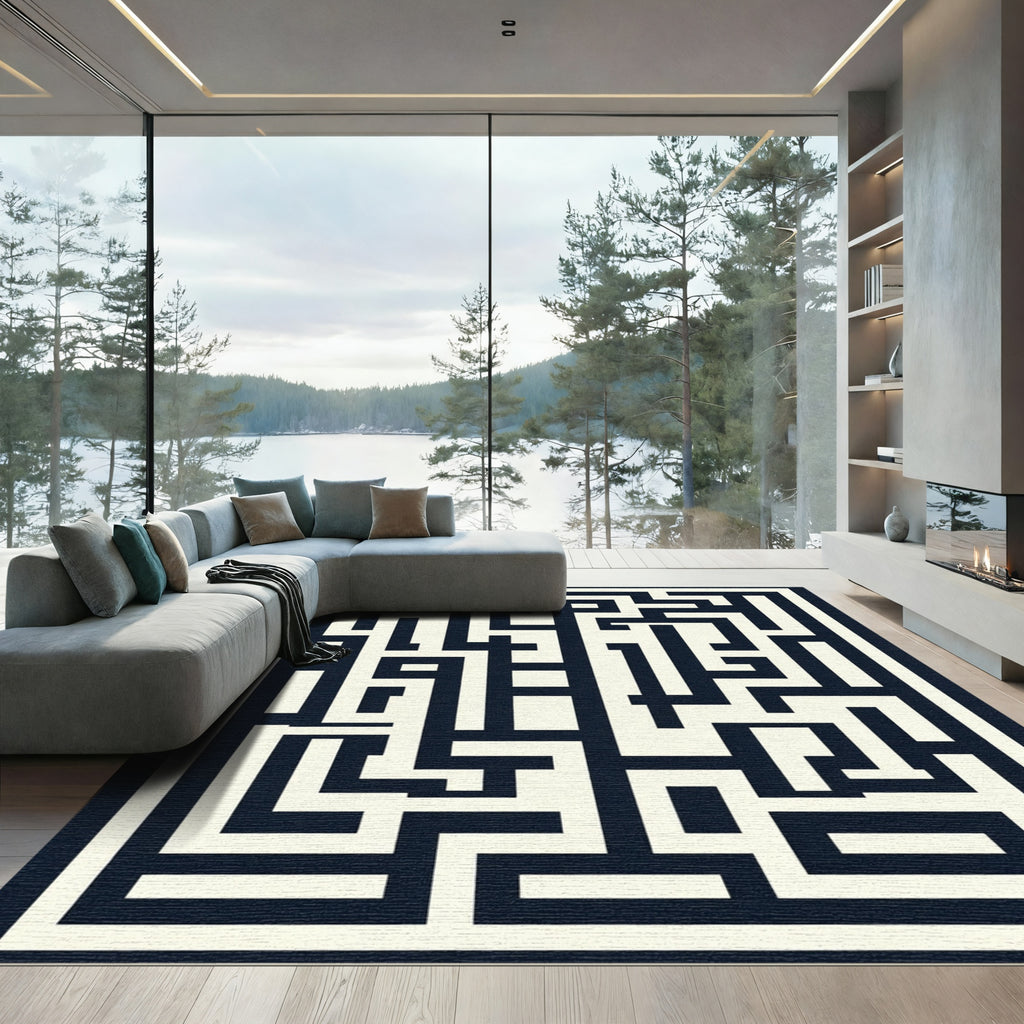 Navy Cream Maze Lines Rug