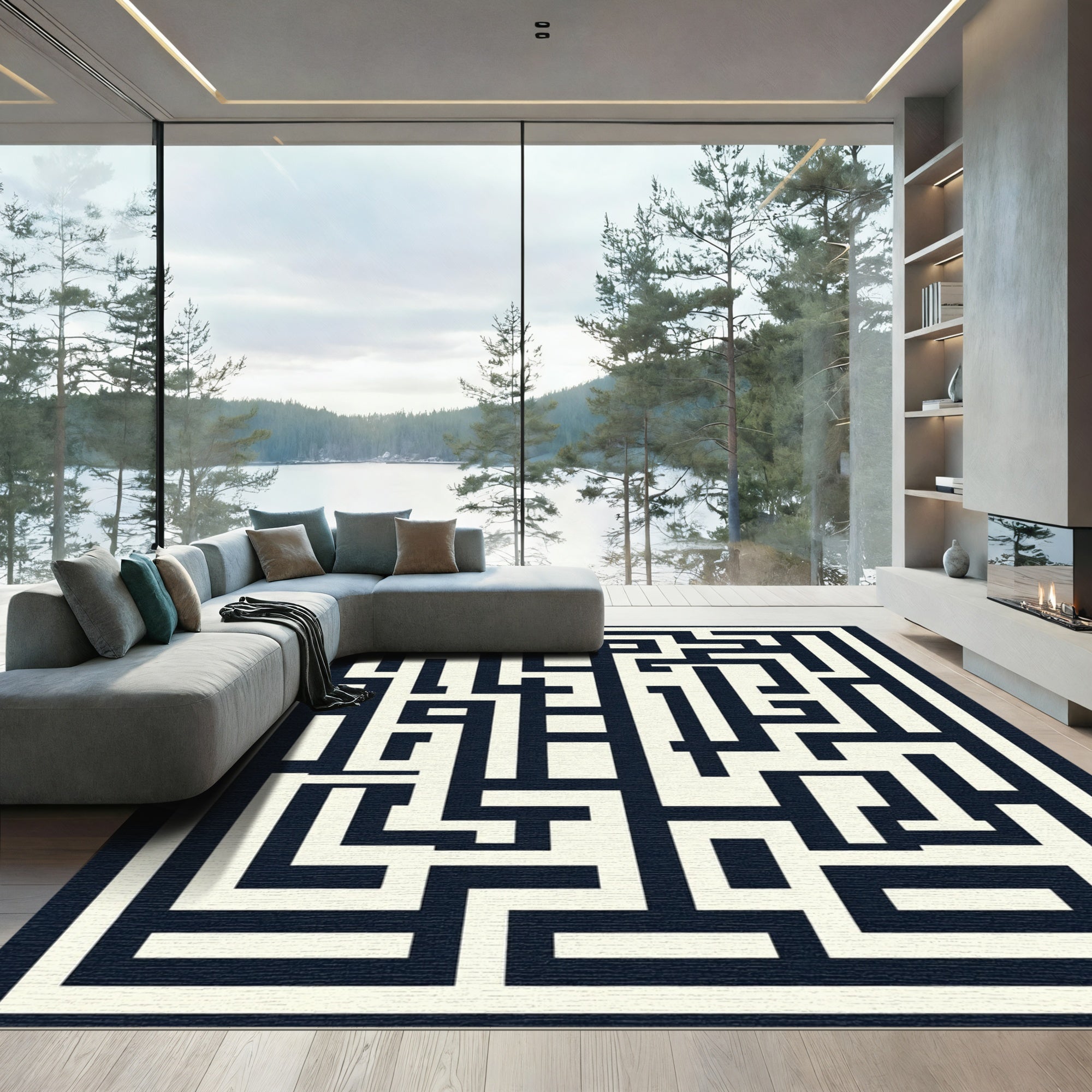 Navy Cream Maze Lines Rug
