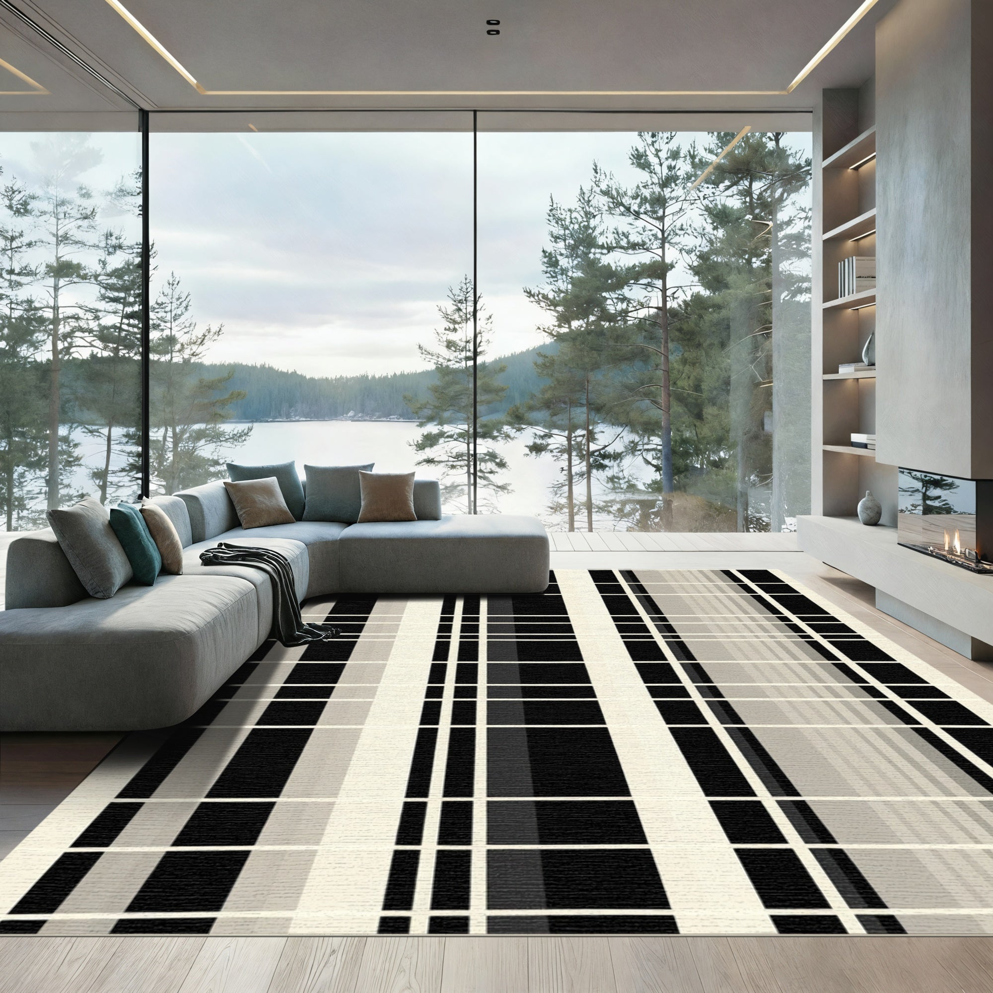 Monochrome Abstract Stripe Checkerboard Rug