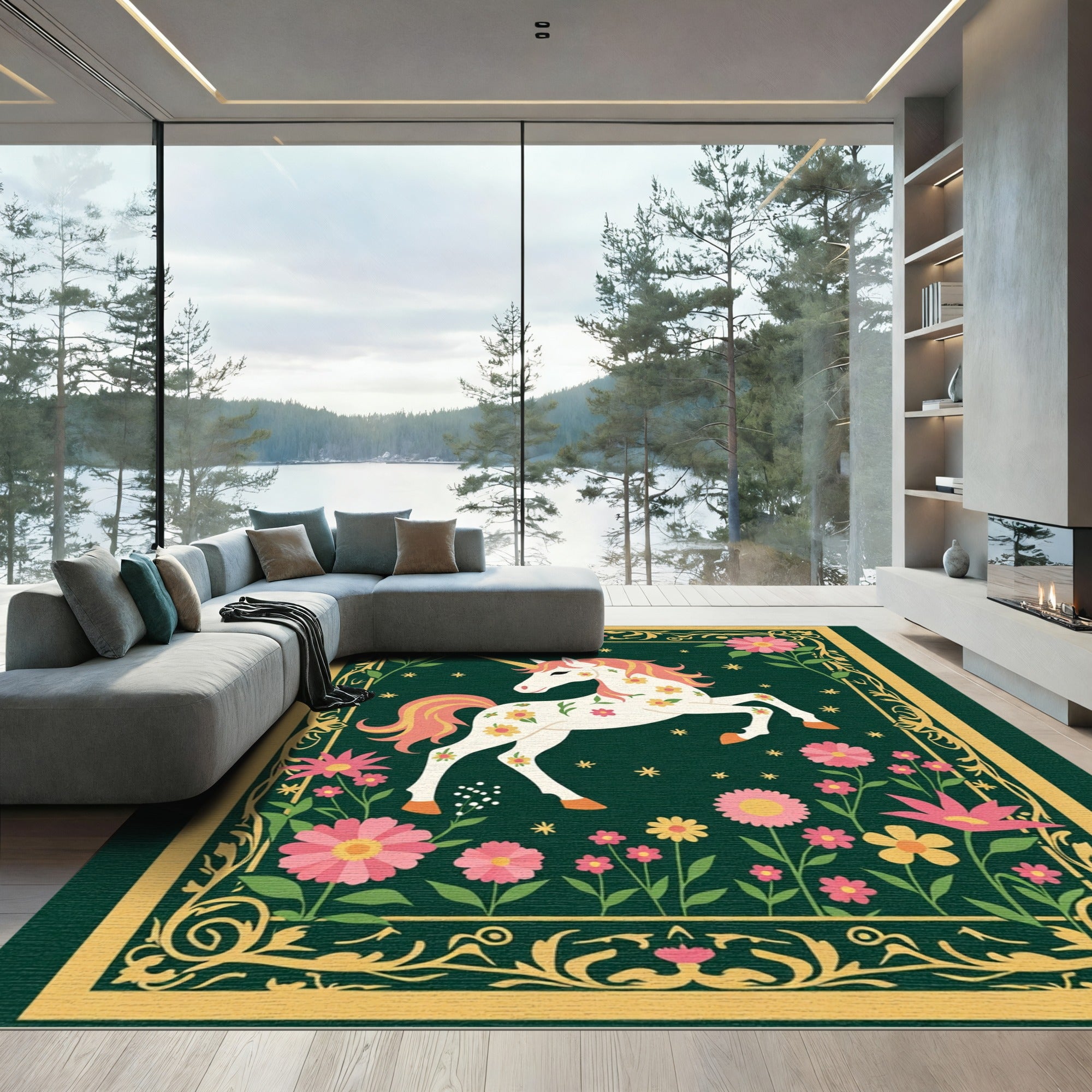 Whimsical Unicorn Floral Garden Art Rug
