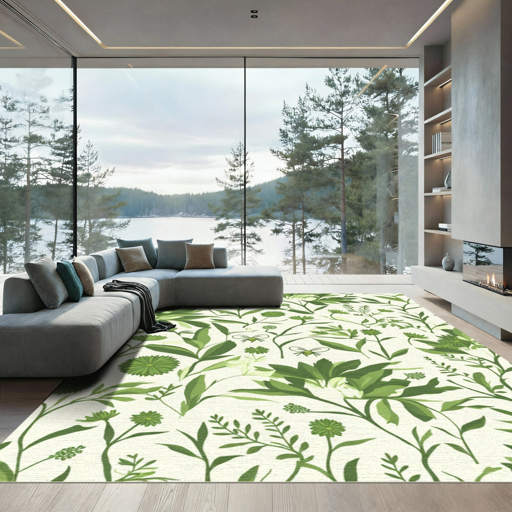 Green Floral Botanical Bee Garden Rug