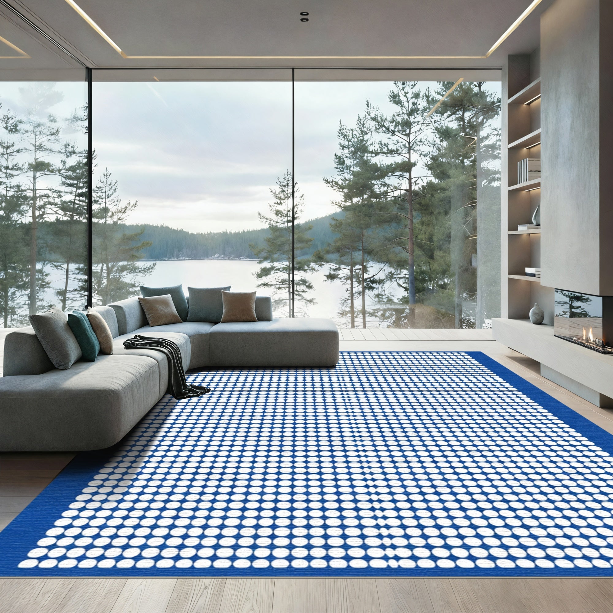 Modern Blue White Dot Grid Rug