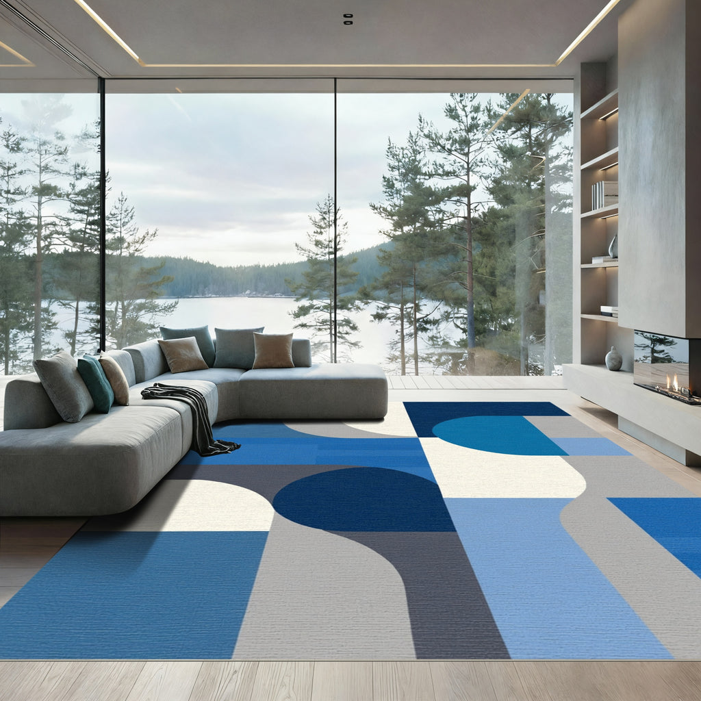 Abstract Blue Geometric Curves Rug