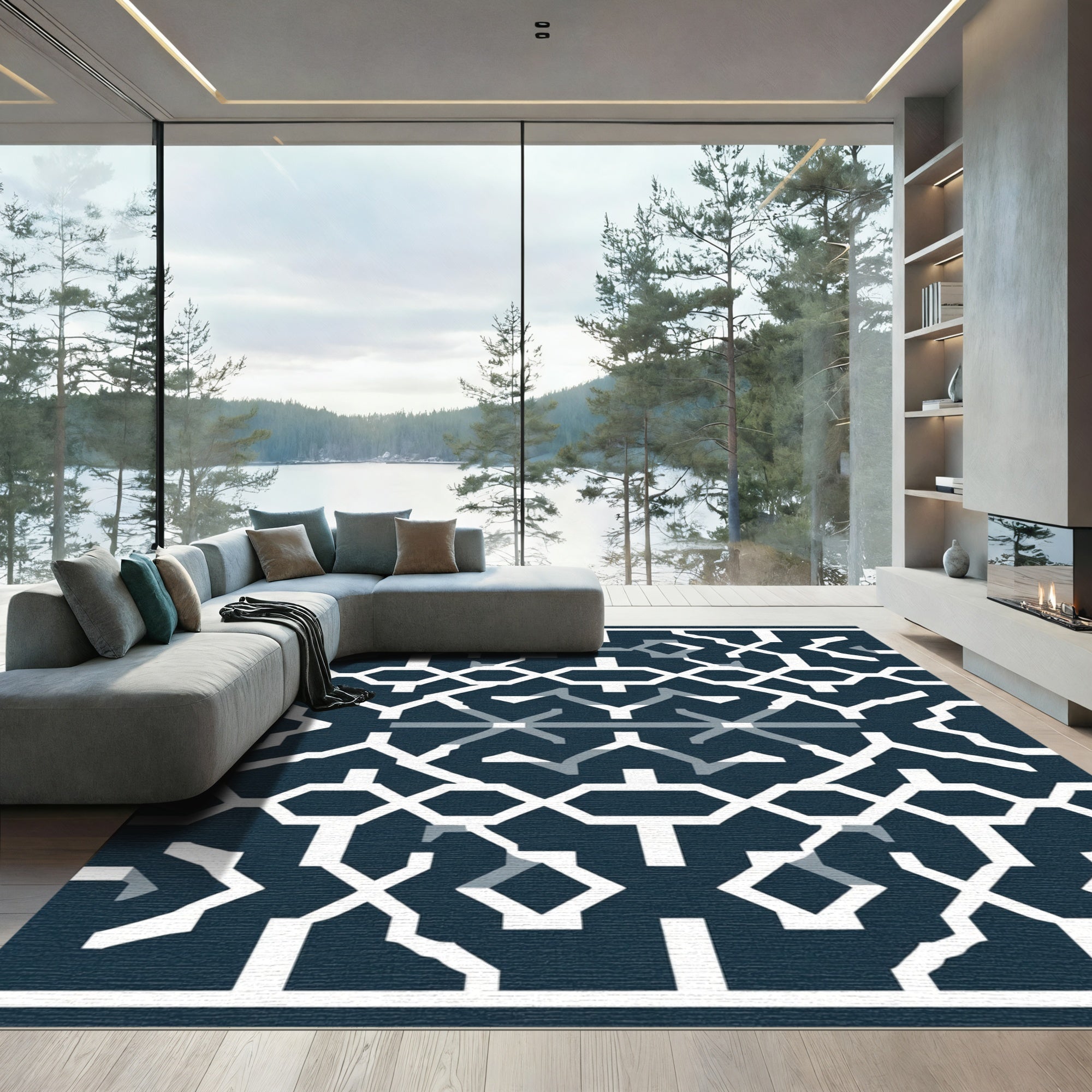 Deep Navy Geometric Lattice Accent Rug