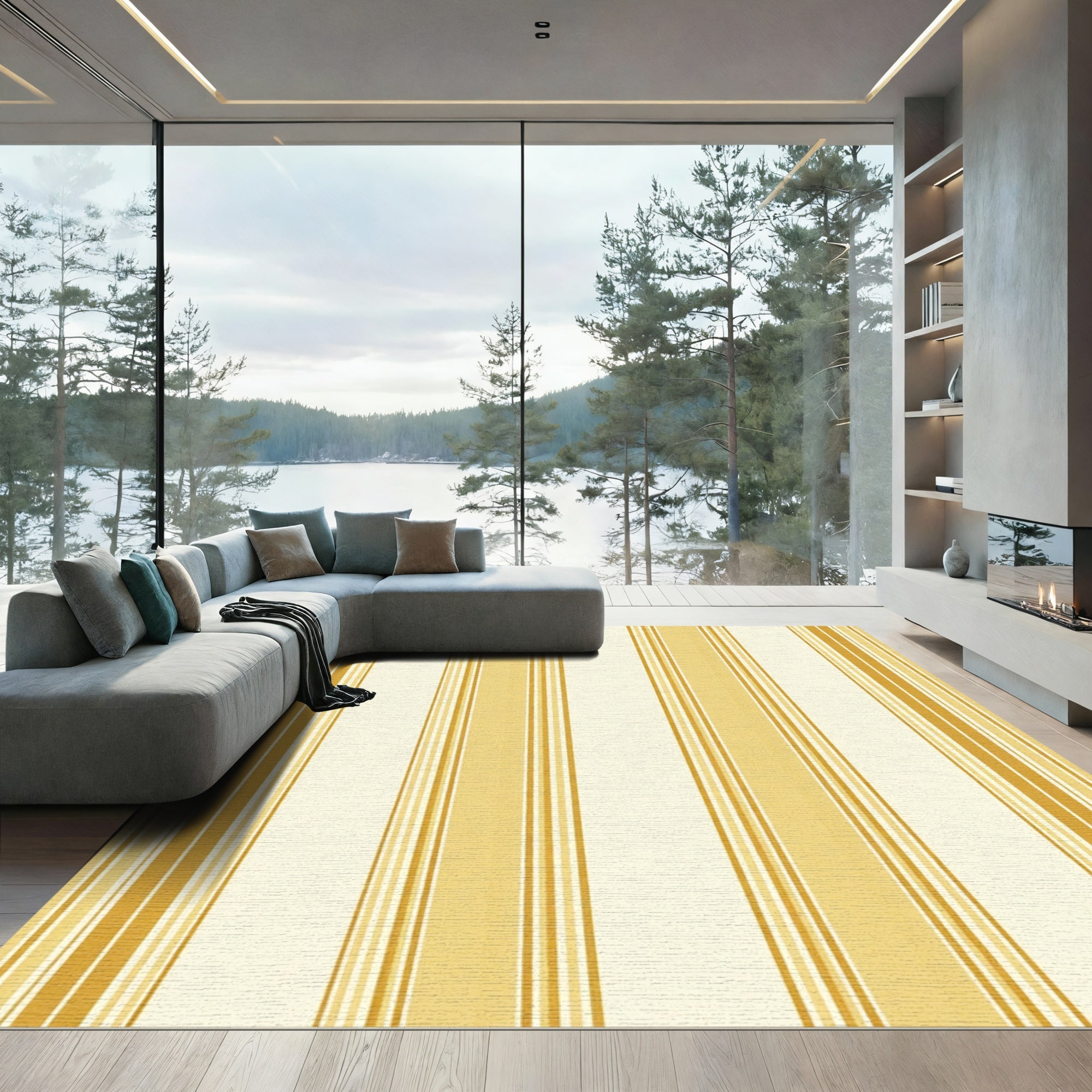 Warm Amber Striped Contemporary Rug