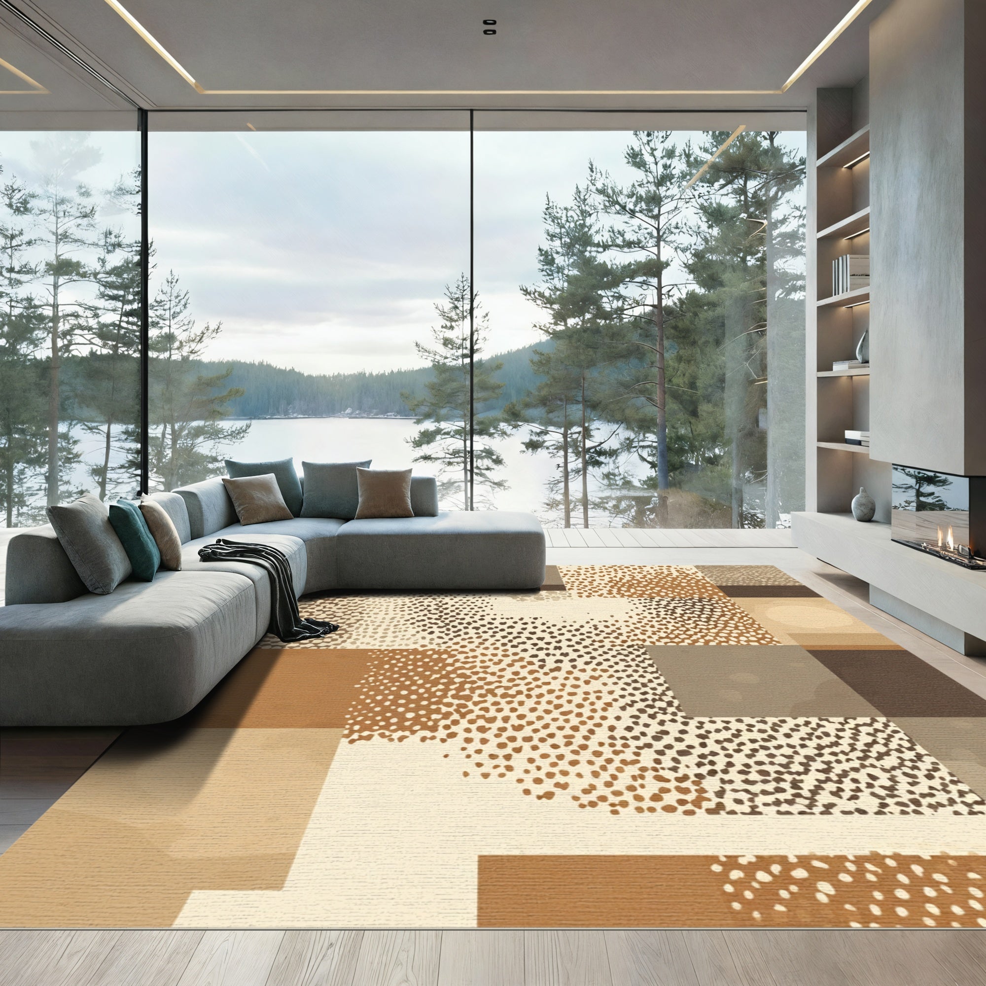Patchwork Brown Stippled Geometric Rug