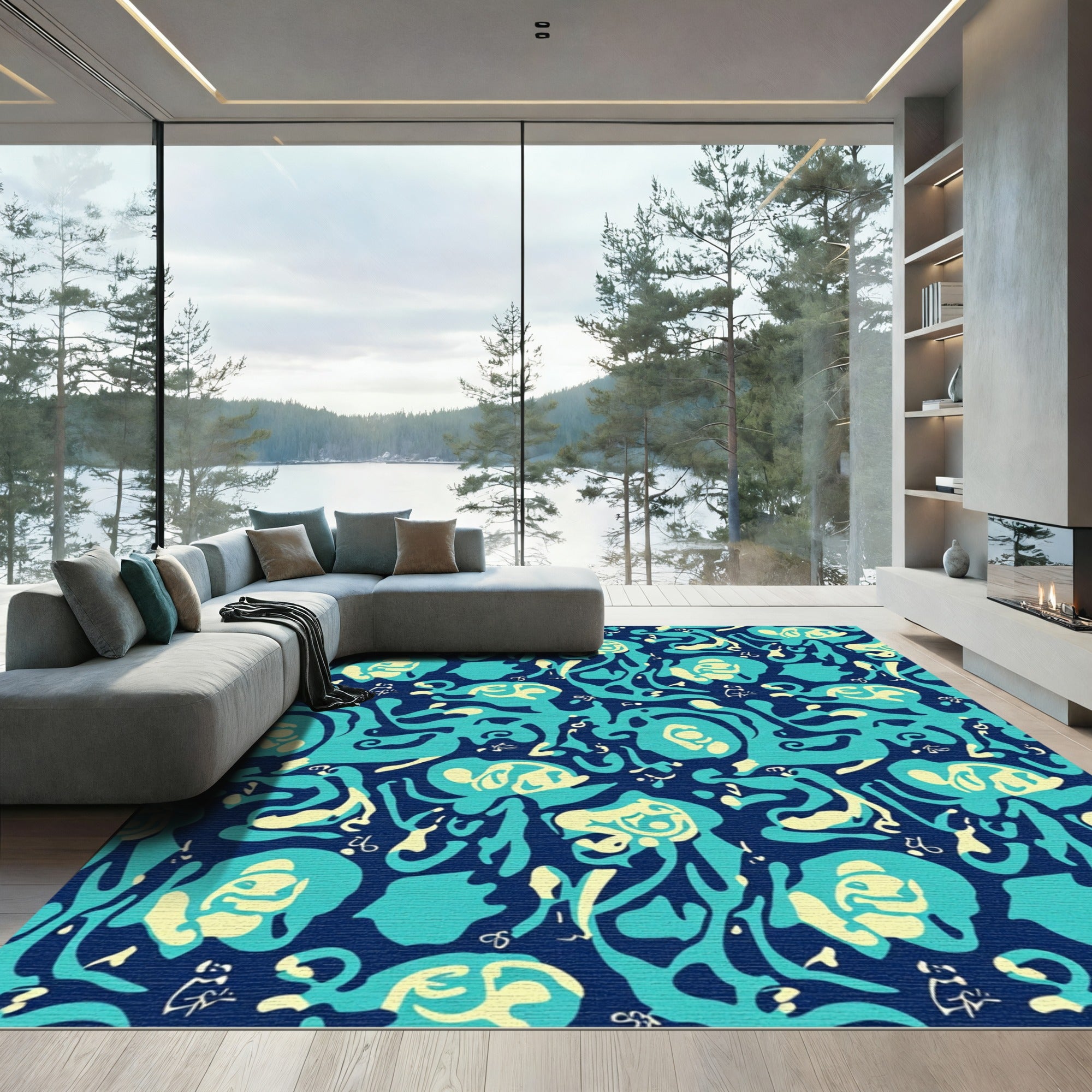 Abstract Teal Cream Organic Flow Rug