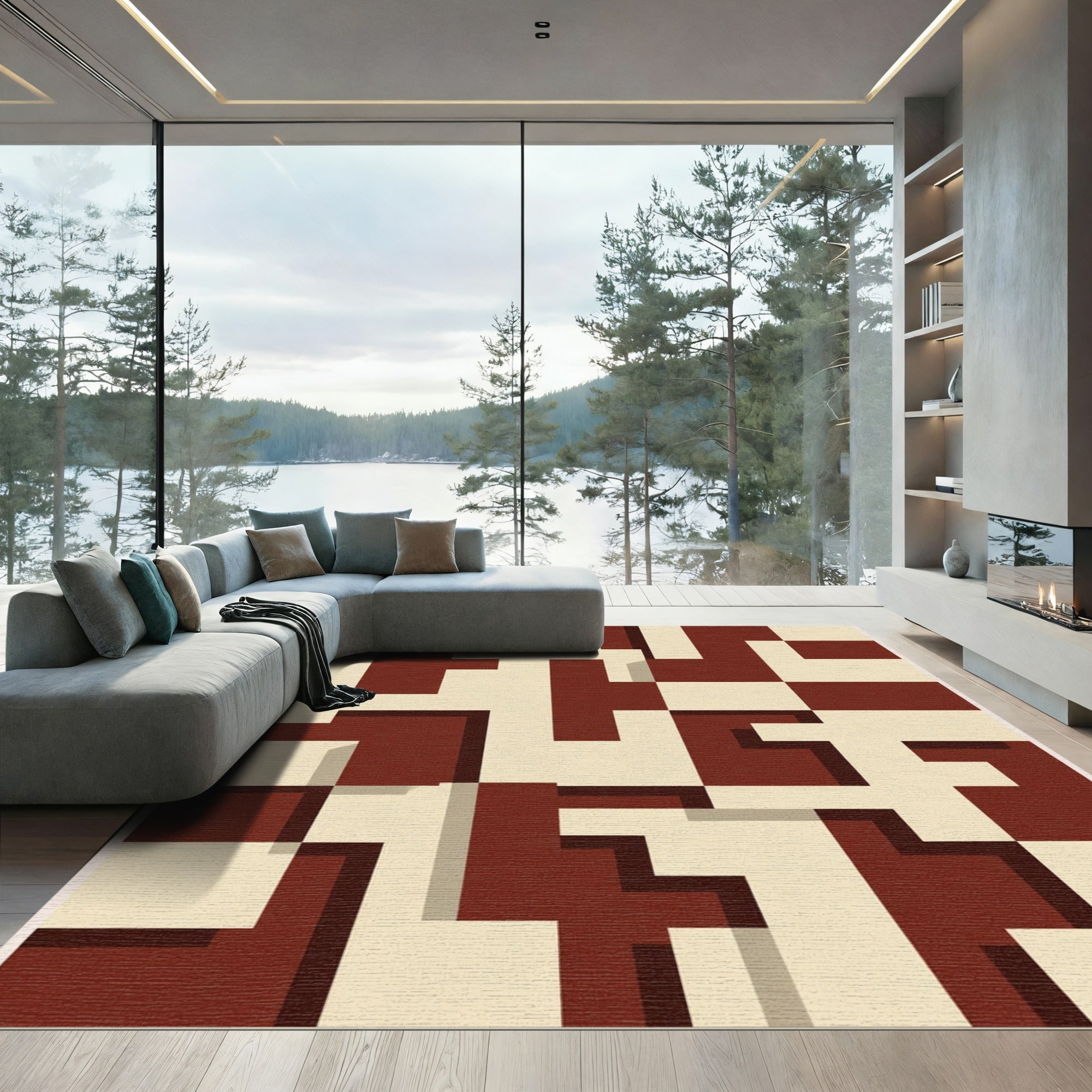 Crimson Cream Geometric Maze Rug