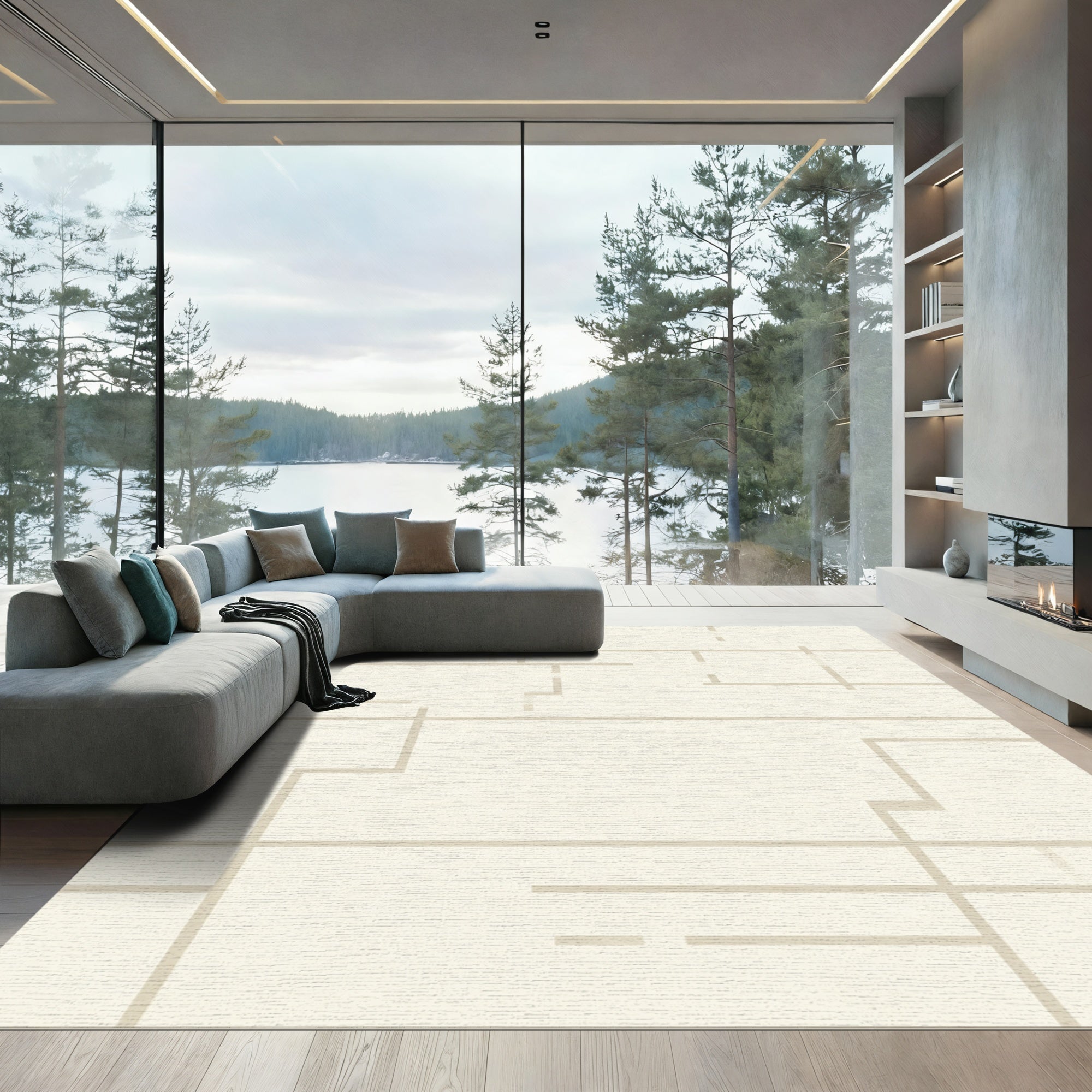 Minimalist Beige Geometric Line Rug