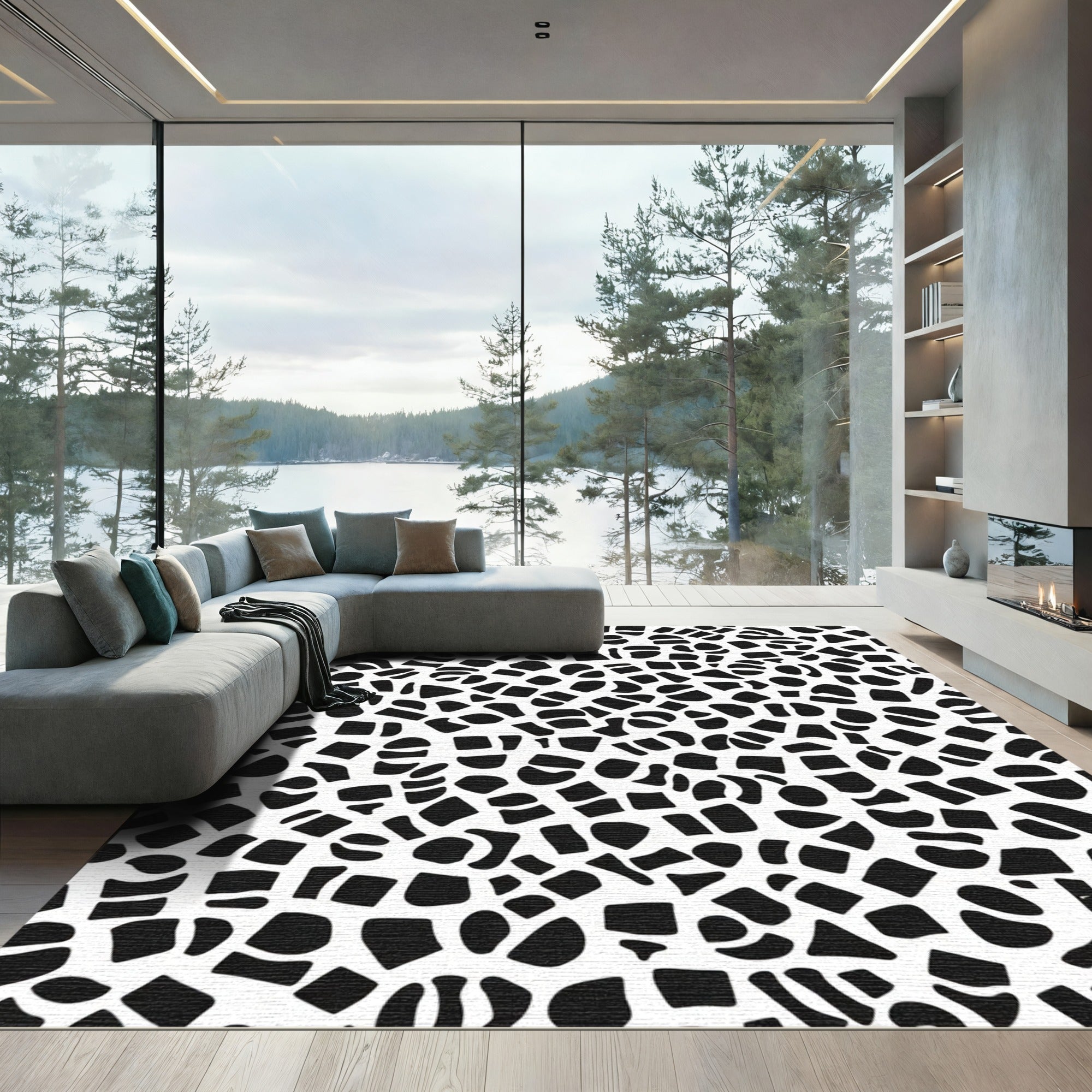 Abstract Black White Irregular Shapes Rug
