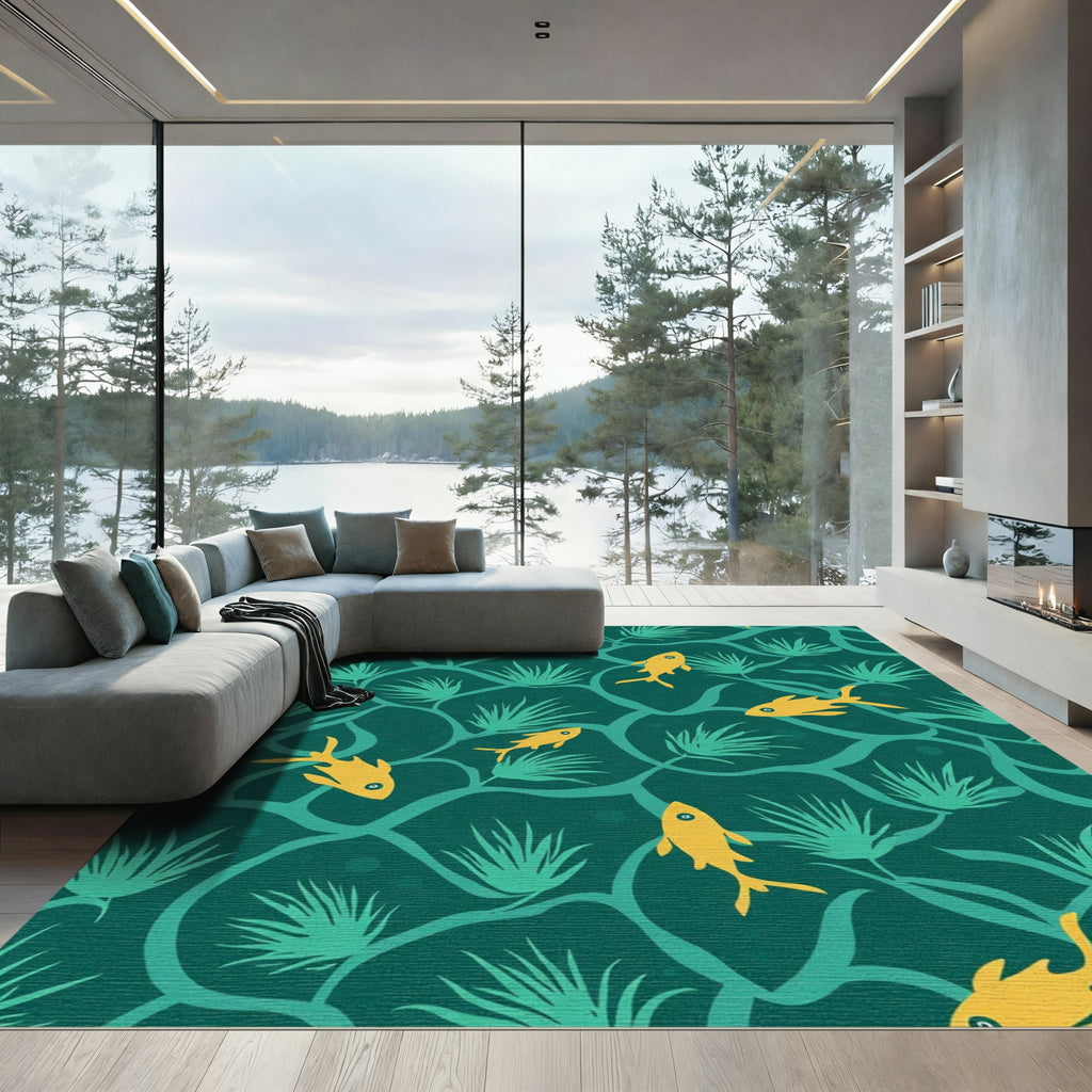 Yellow Fish Teal Ocean Vines Rug