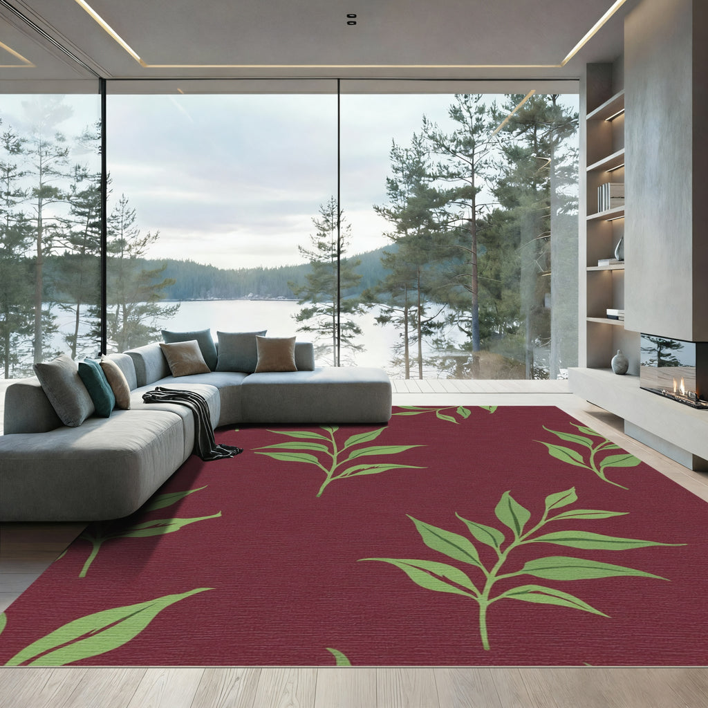 Deep Burgundy Green Leaf Branches Rug