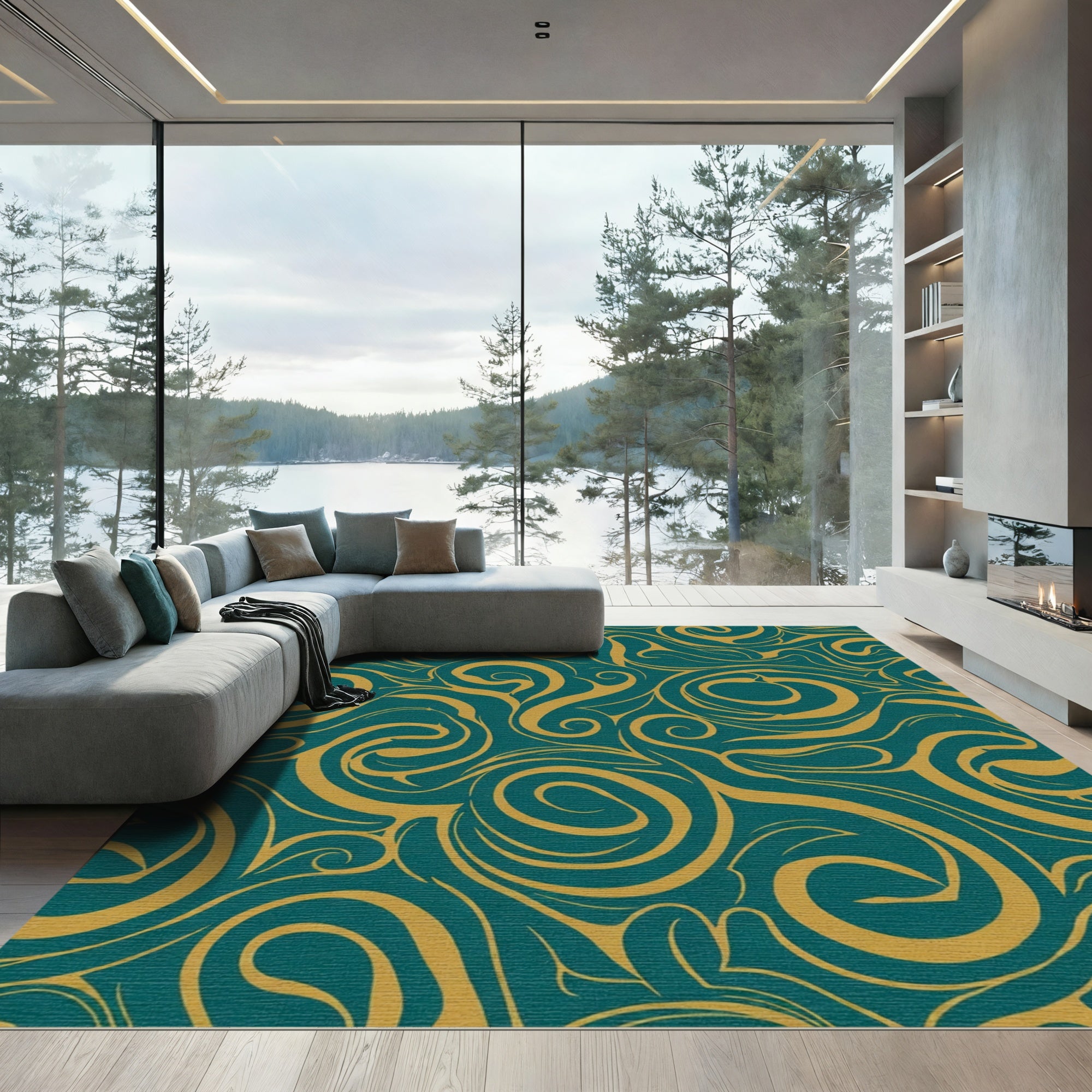 Teal Gold Swirl Abstract Rug