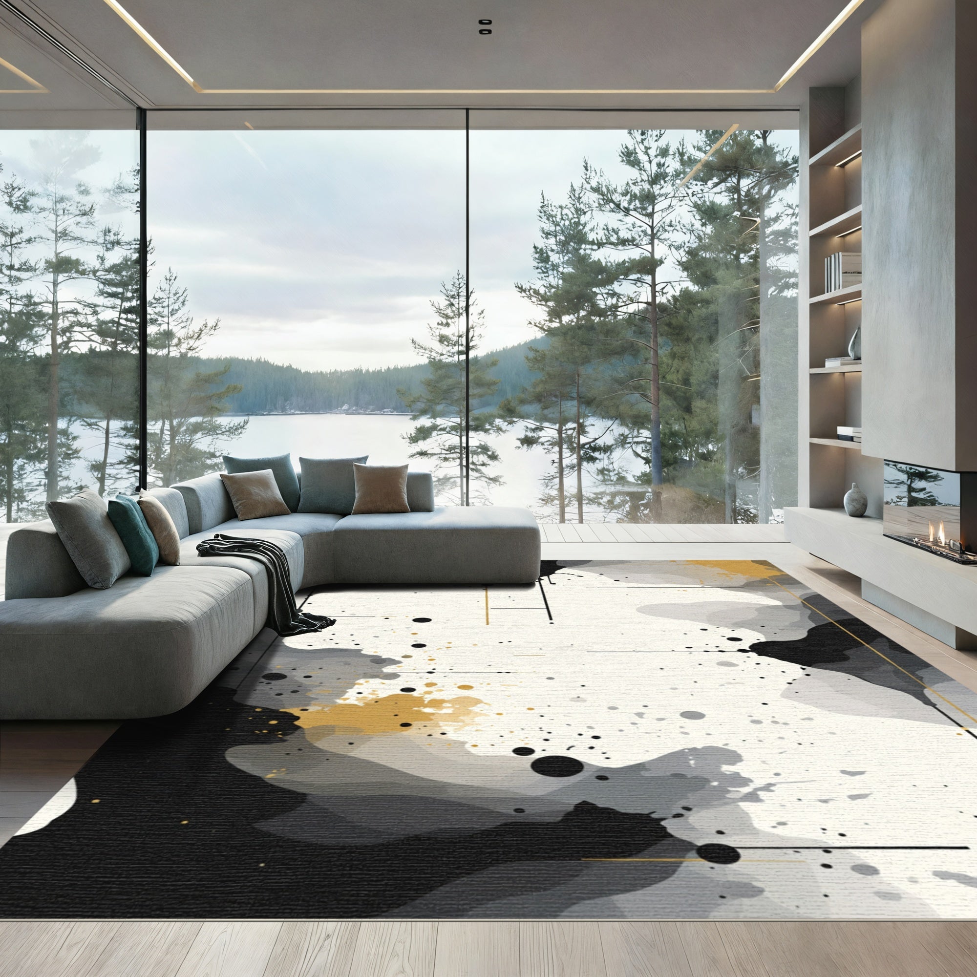 Abstract Black Gray Gold Splatter Rug