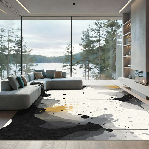 Abstract Black Gray Gold Splatter Rug