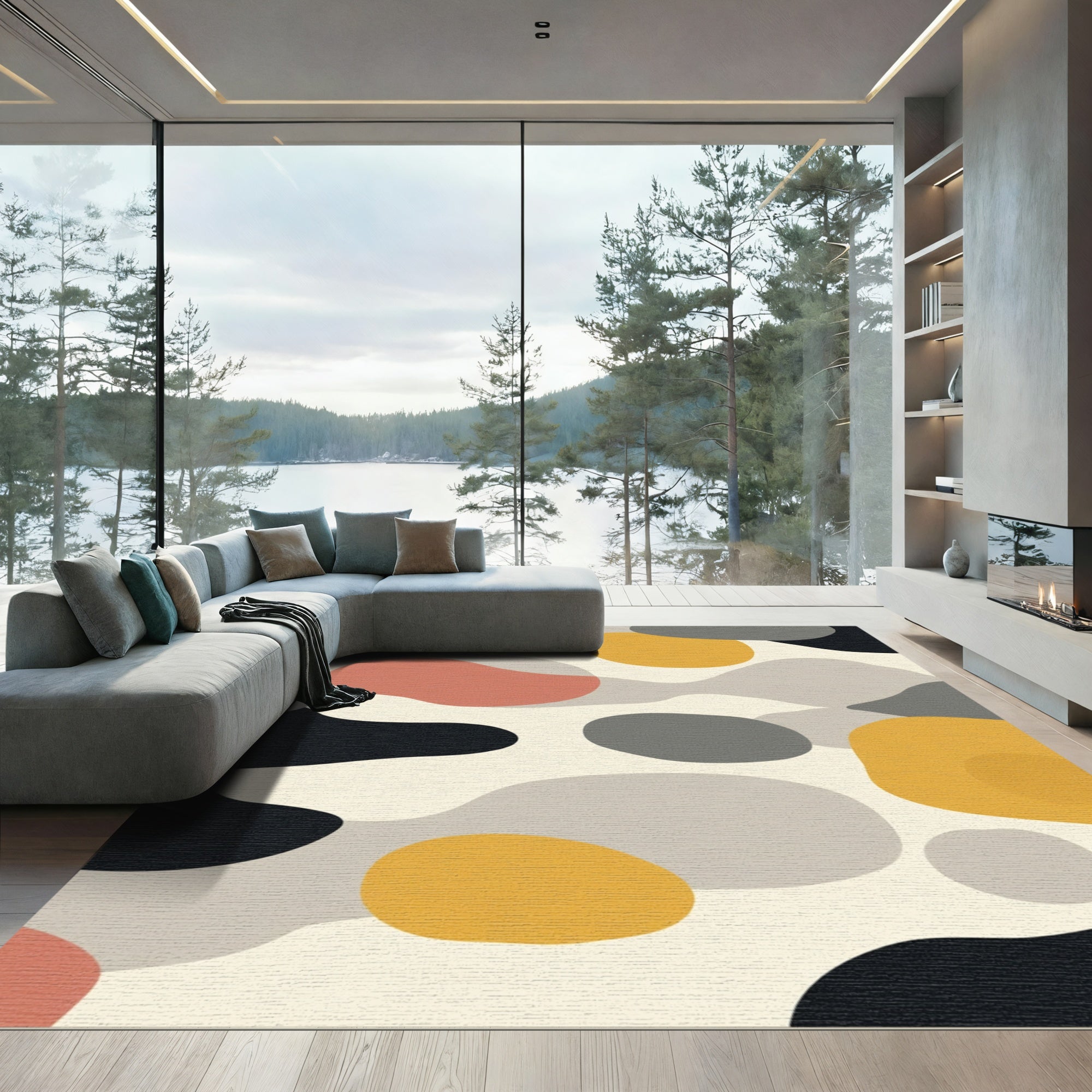 Abstract Ochre Coral Gray Blob Rug