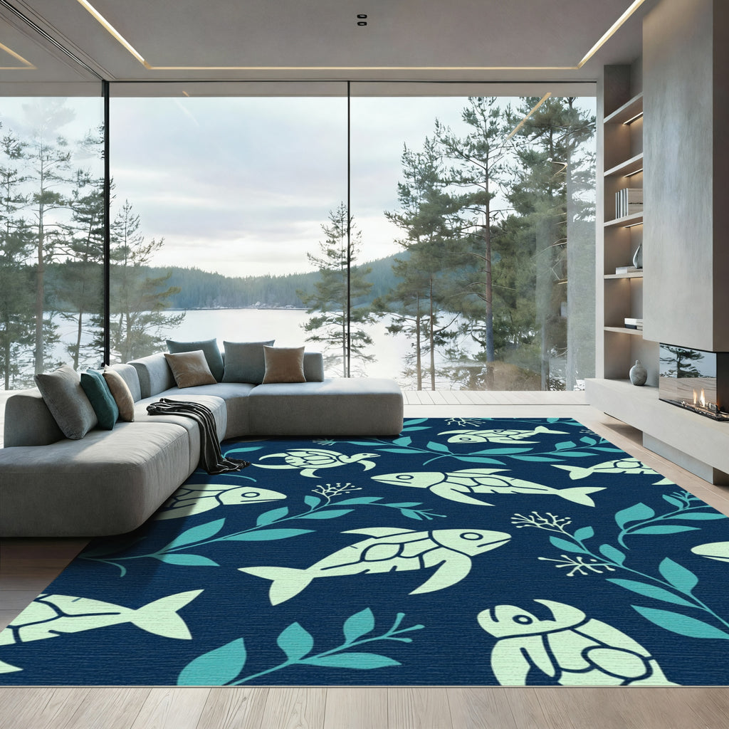 Underwater World Fish Turtle Navy Rug