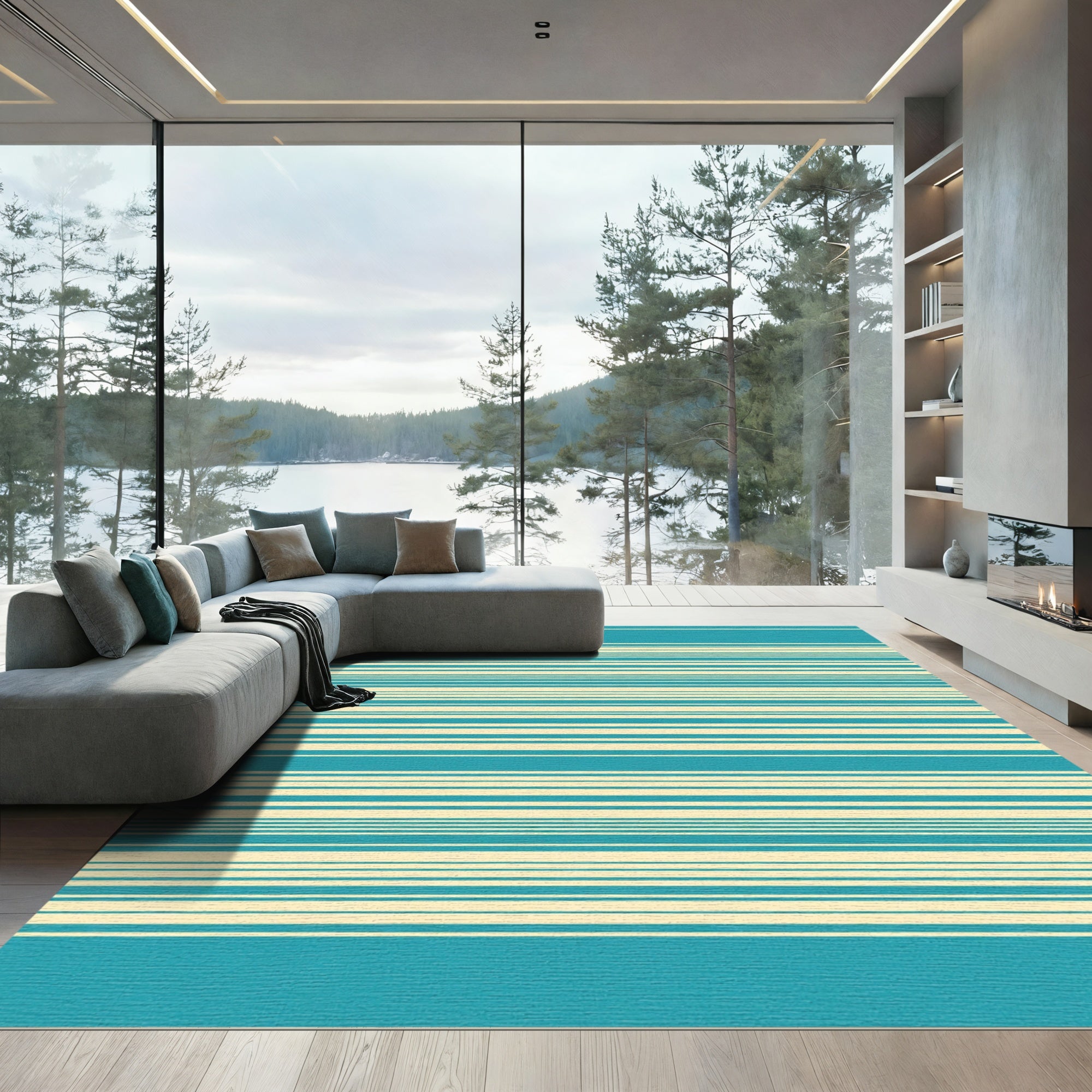 Aqua Cream Horizontal Stripe Rug