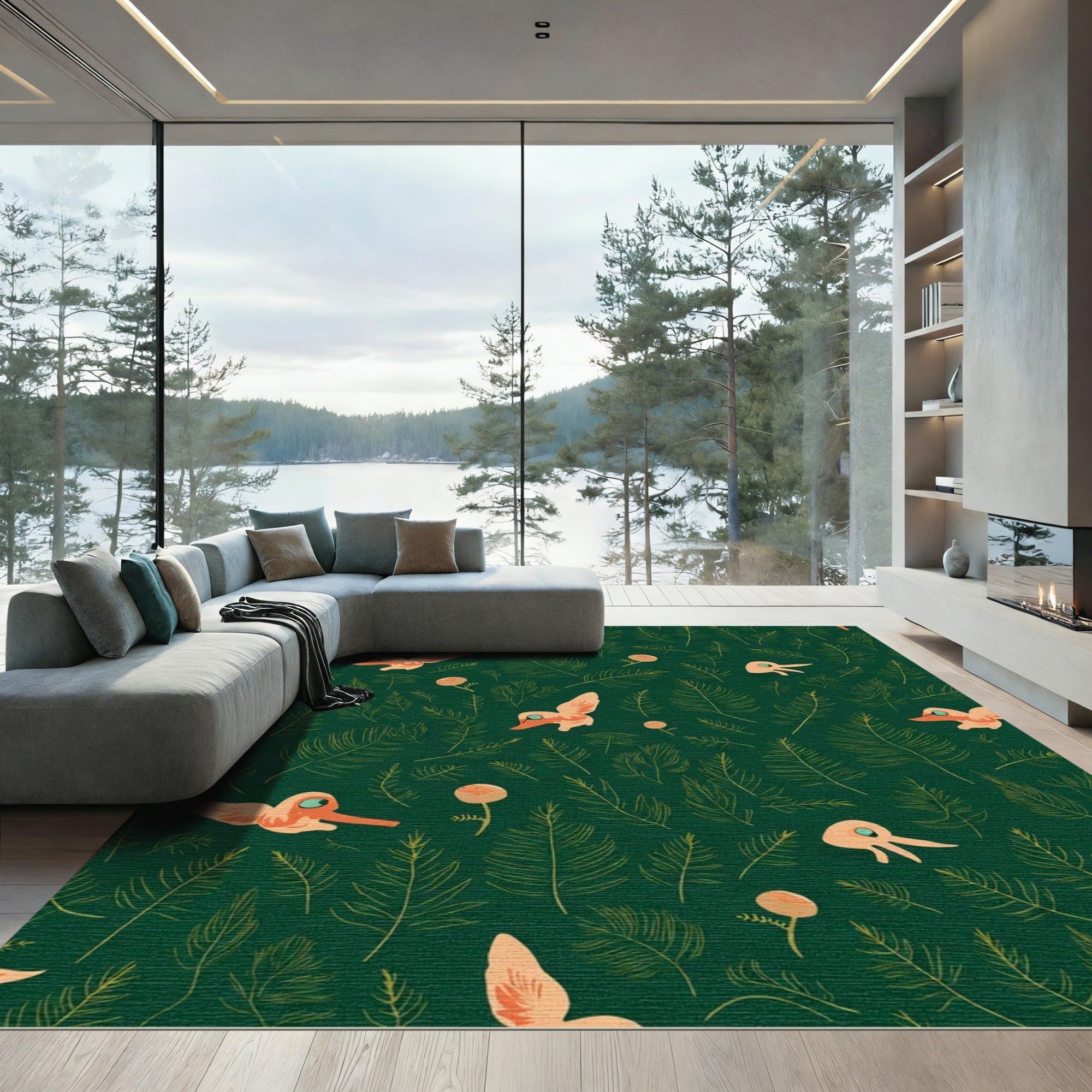 Whimsical Peach Birds Forest Greens Rug