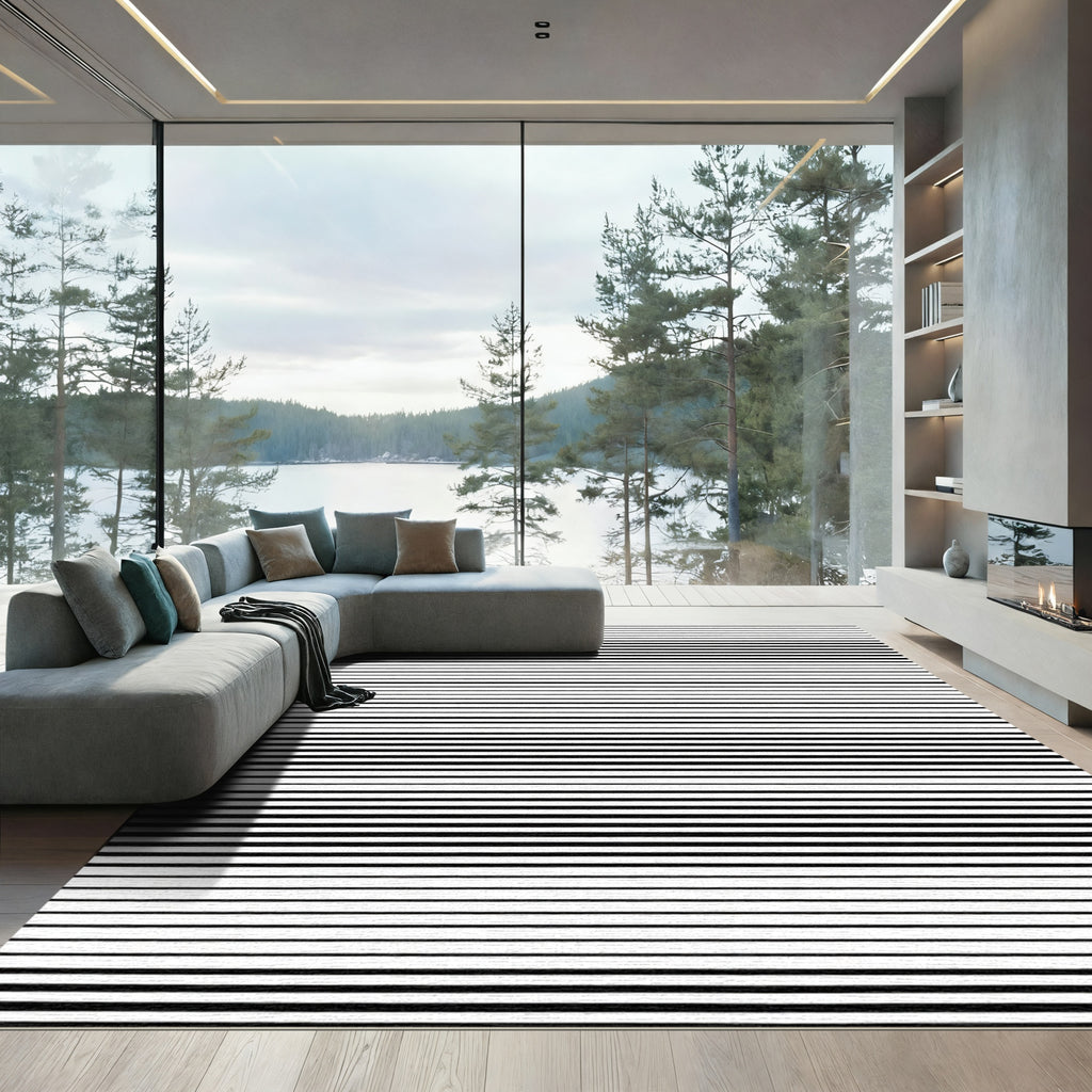 Modern Black White Striped Horizon Rug