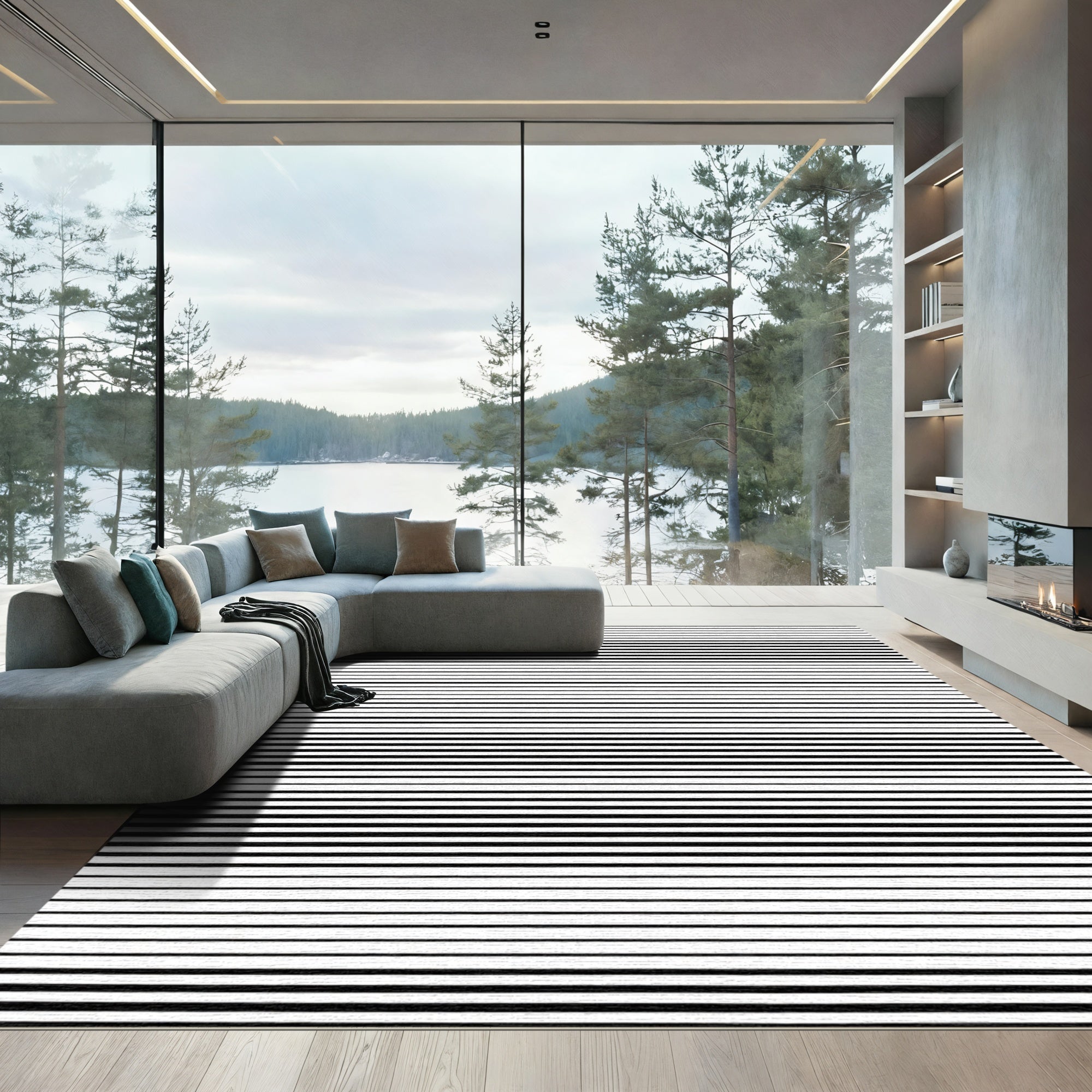 Modern Black White Striped Horizon Rug