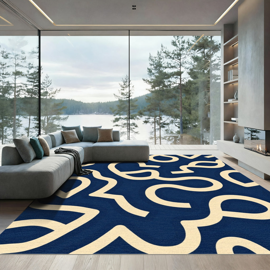 Cream Wavy Lines Navy Abstract Rug