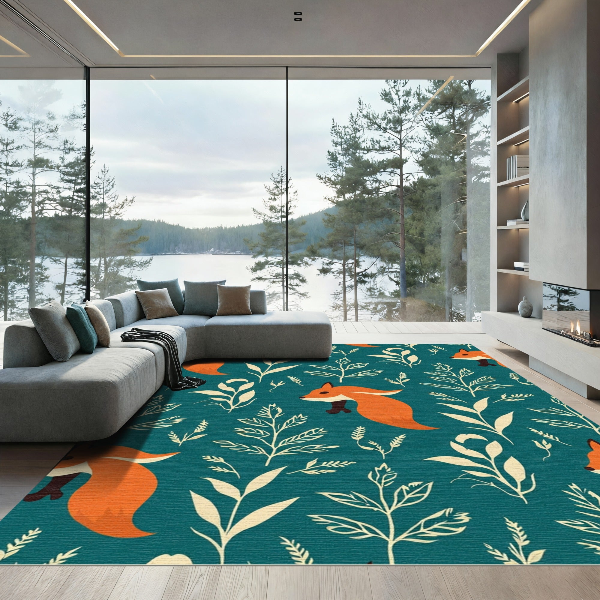 Orange Fox Woodland Botanical Sprigs Rug