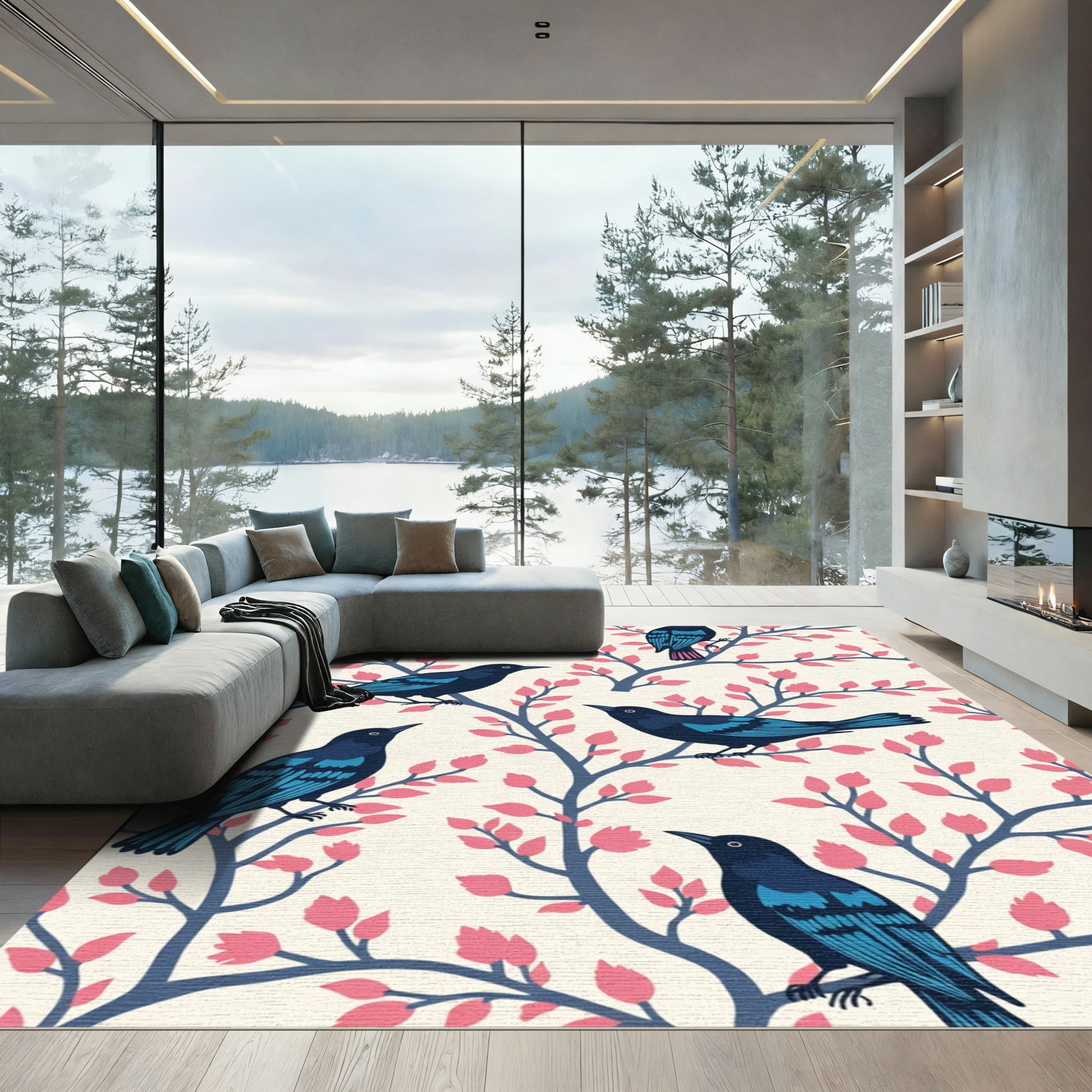 Indigo Birds Pink Foliage Scene Rug