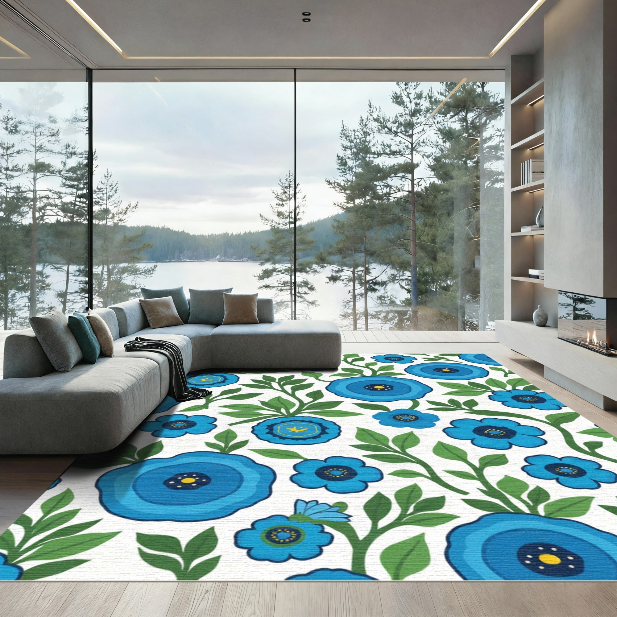 Bright Blue Floral Vine Arrangement Rug