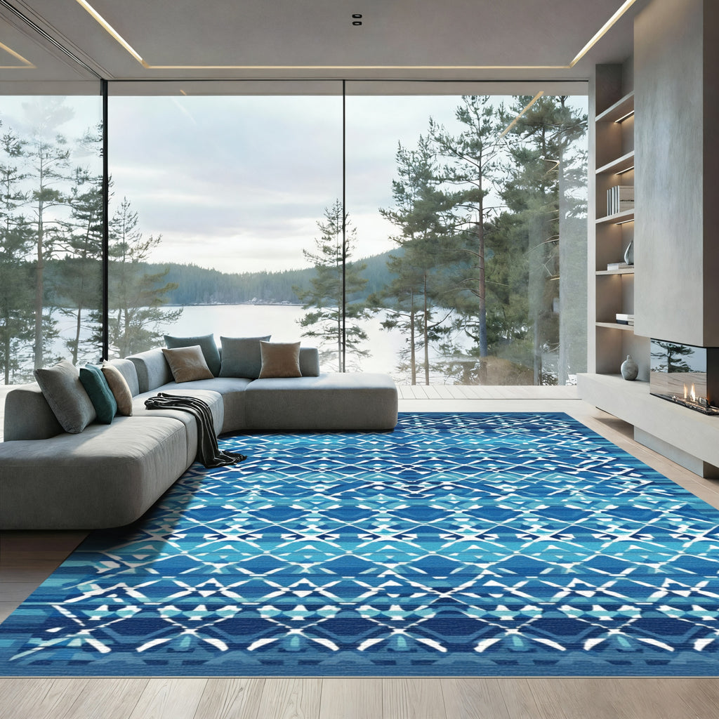 Deep Blue Geometric Diamond Medallion Rug