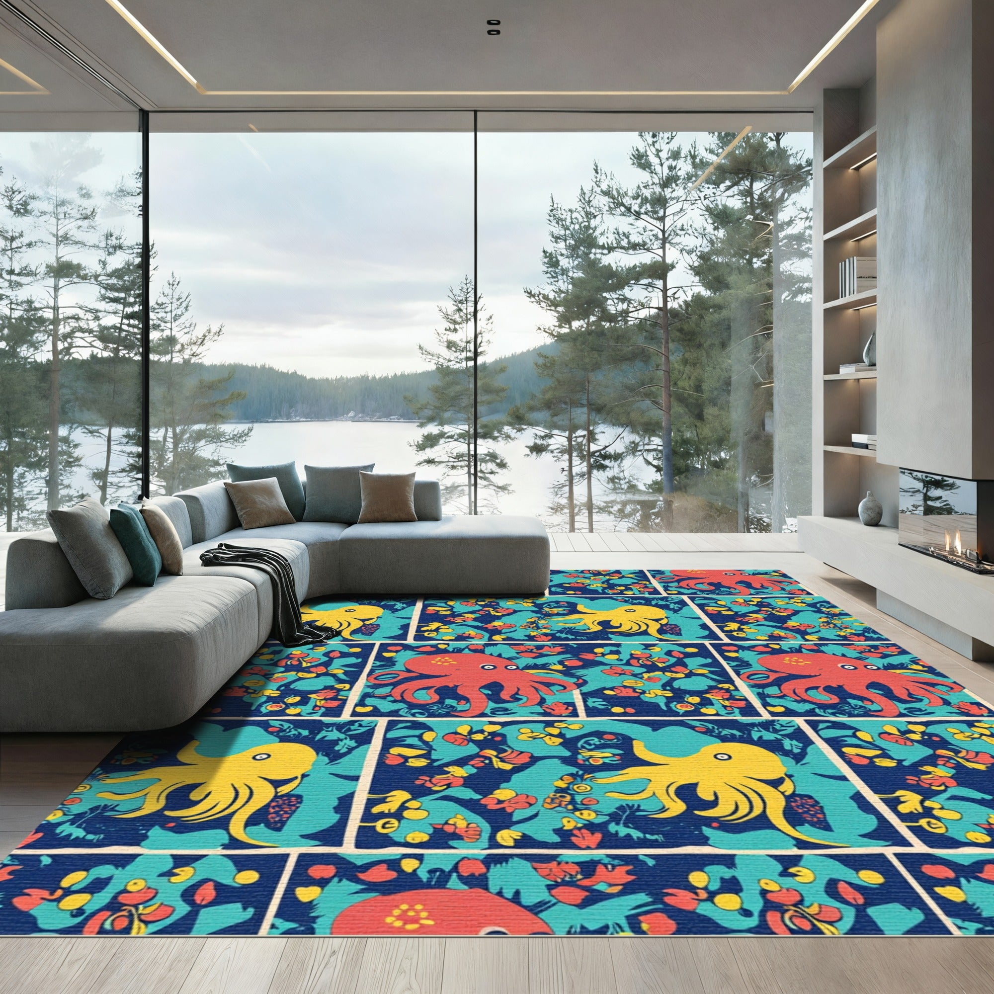 Red Yellow Octopus Tropical Garden Rug