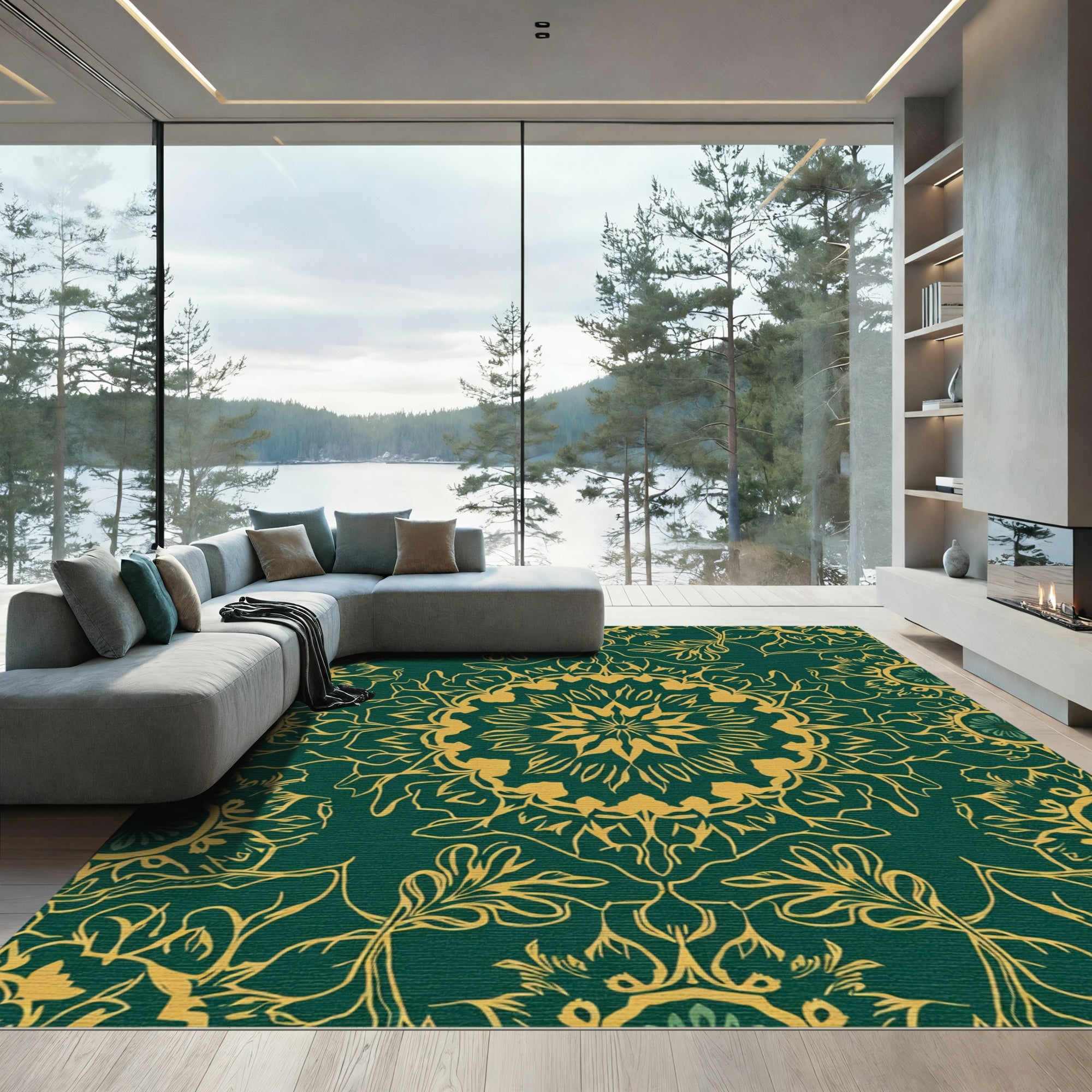 Emerald Gold Mandala Floral Rug